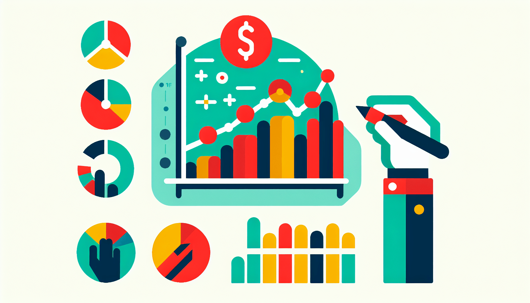 Primark Business -> Profit margin in flat illustration style and white background, red #f47574, green #88c7a8, yellow #fcc44b, and blue #645bc8 colors.