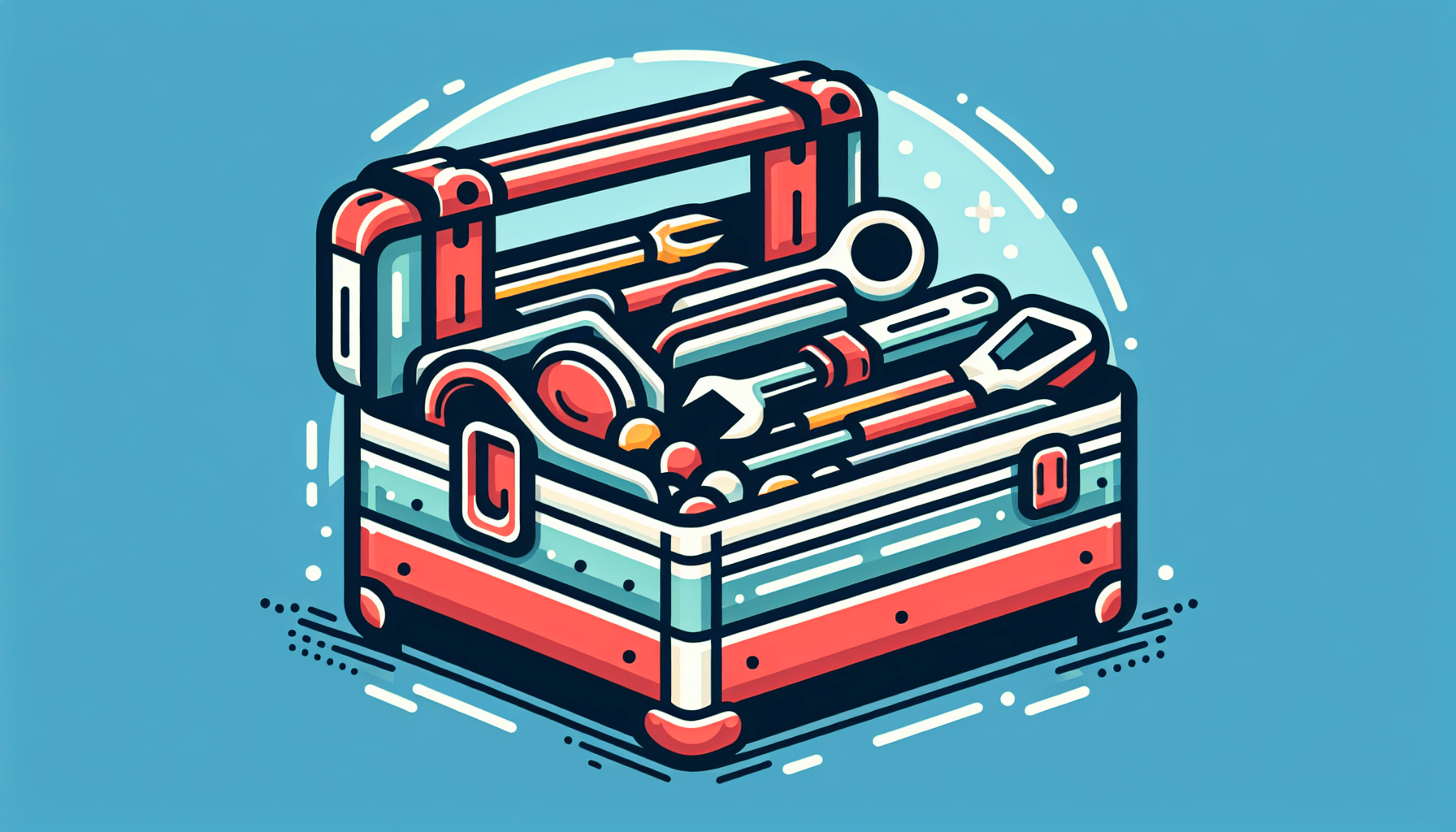 Functional strategy -> Toolbox in flat illustration style and white background, red #f47574, green #88c7a8, yellow #fcc44b, and blue #645bc8 colors.