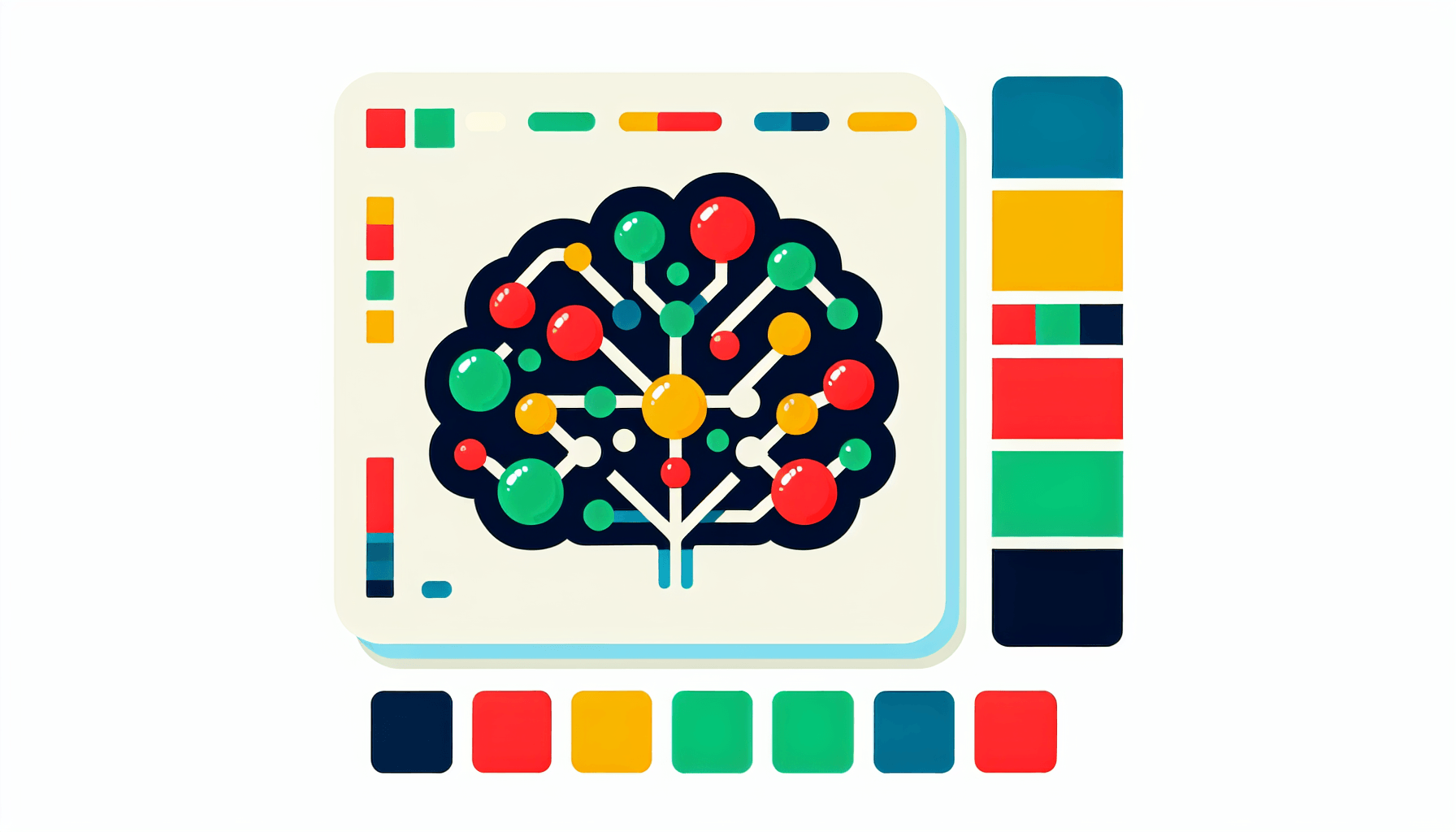 Neural network in flat illustration style and white background, red #f47574, green #88c7a8, yellow #fcc44b, and blue #645bc8 colors.