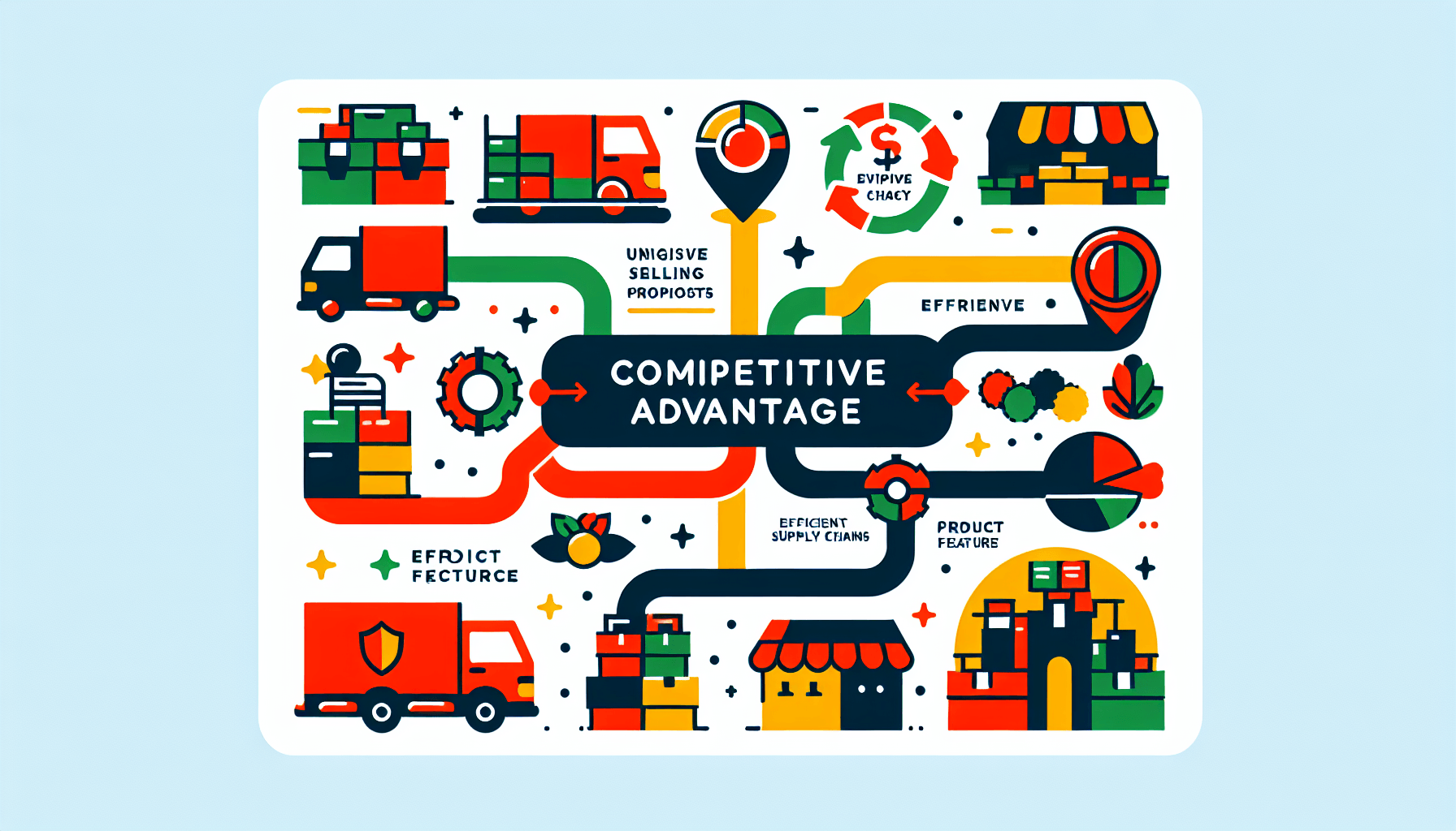Primark Business -> Competitive advantage in flat illustration style and white background, red #f47574, green #88c7a8, yellow #fcc44b, and blue #645bc8 colors.
