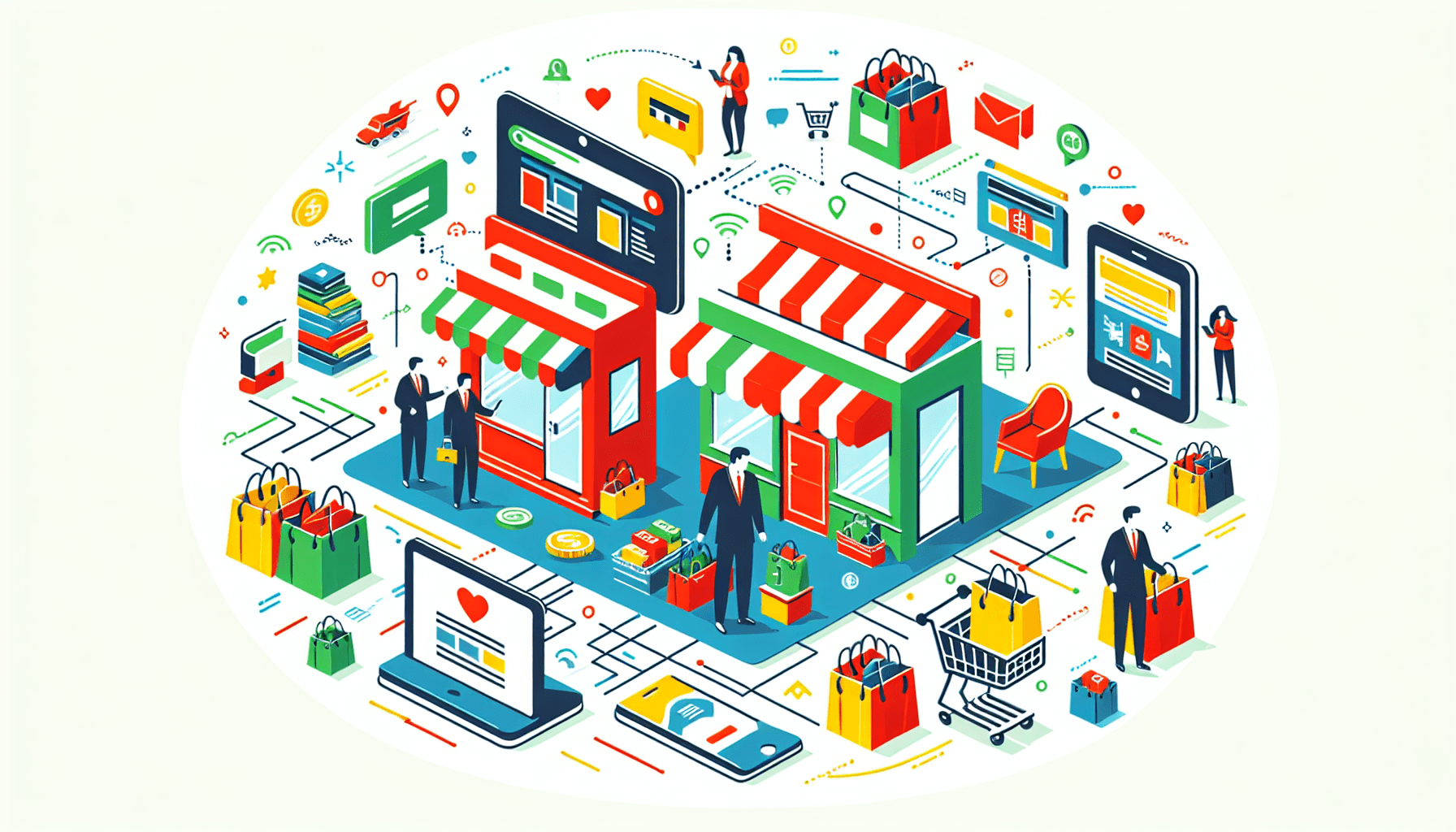 Amazon marketing -> Online marketplace in flat illustration style and white background, red #f47574, green #88c7a8, yellow #fcc44b, and blue #645bc8 colors.