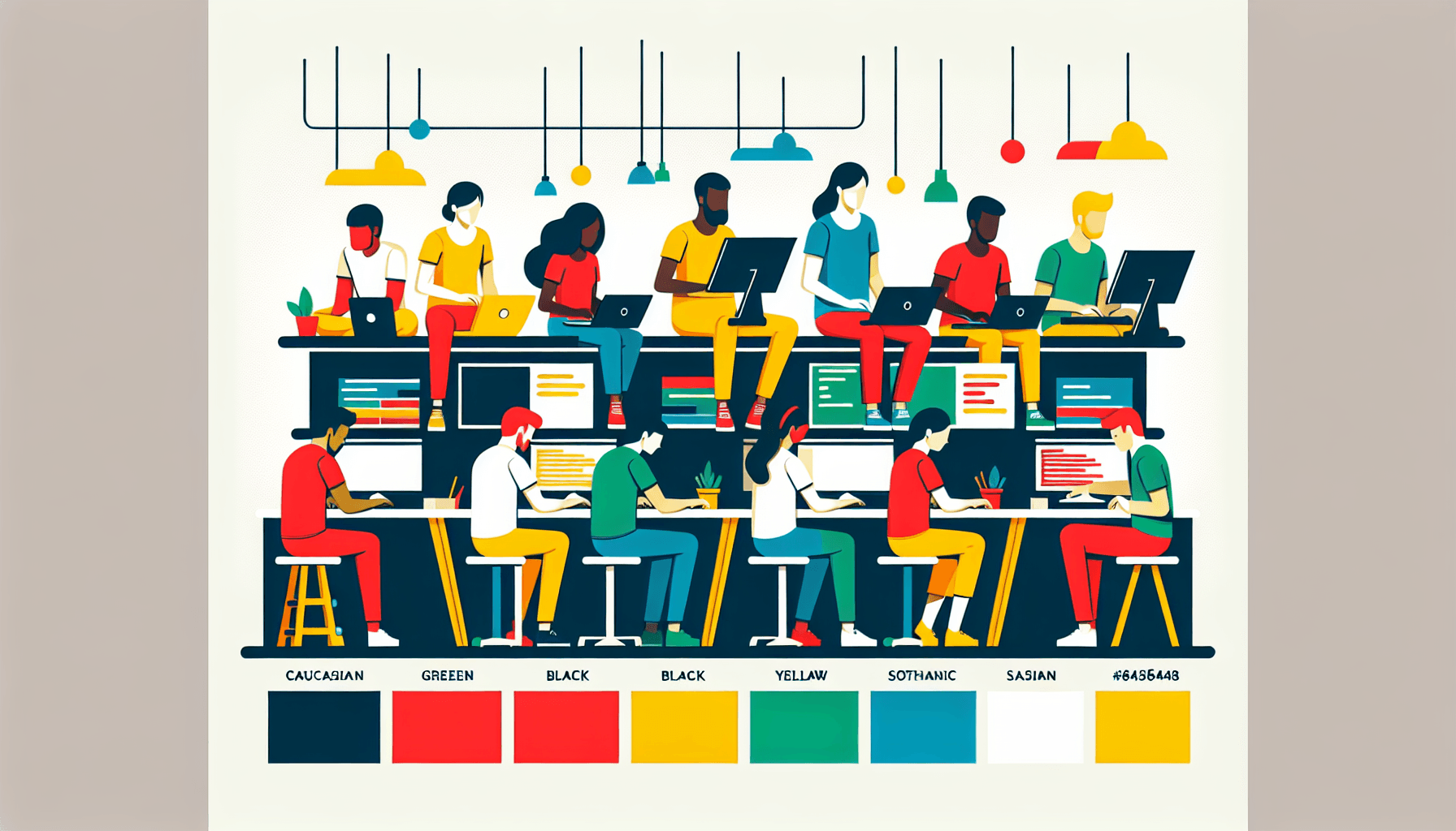Programmers -> Workbench in flat illustration style and white background, red #f47574, green #88c7a8, yellow #fcc44b, and blue #645bc8 colors.