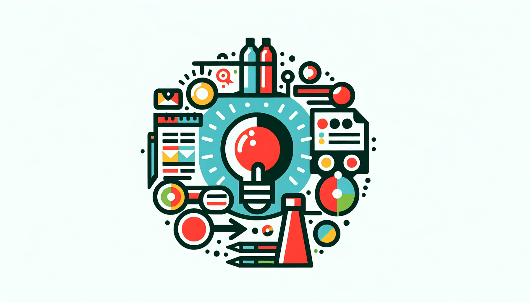 Brand strategy -> Identity in flat illustration style and white background, red #f47574, green #88c7a8, yellow #fcc44b, and blue #645bc8 colors.