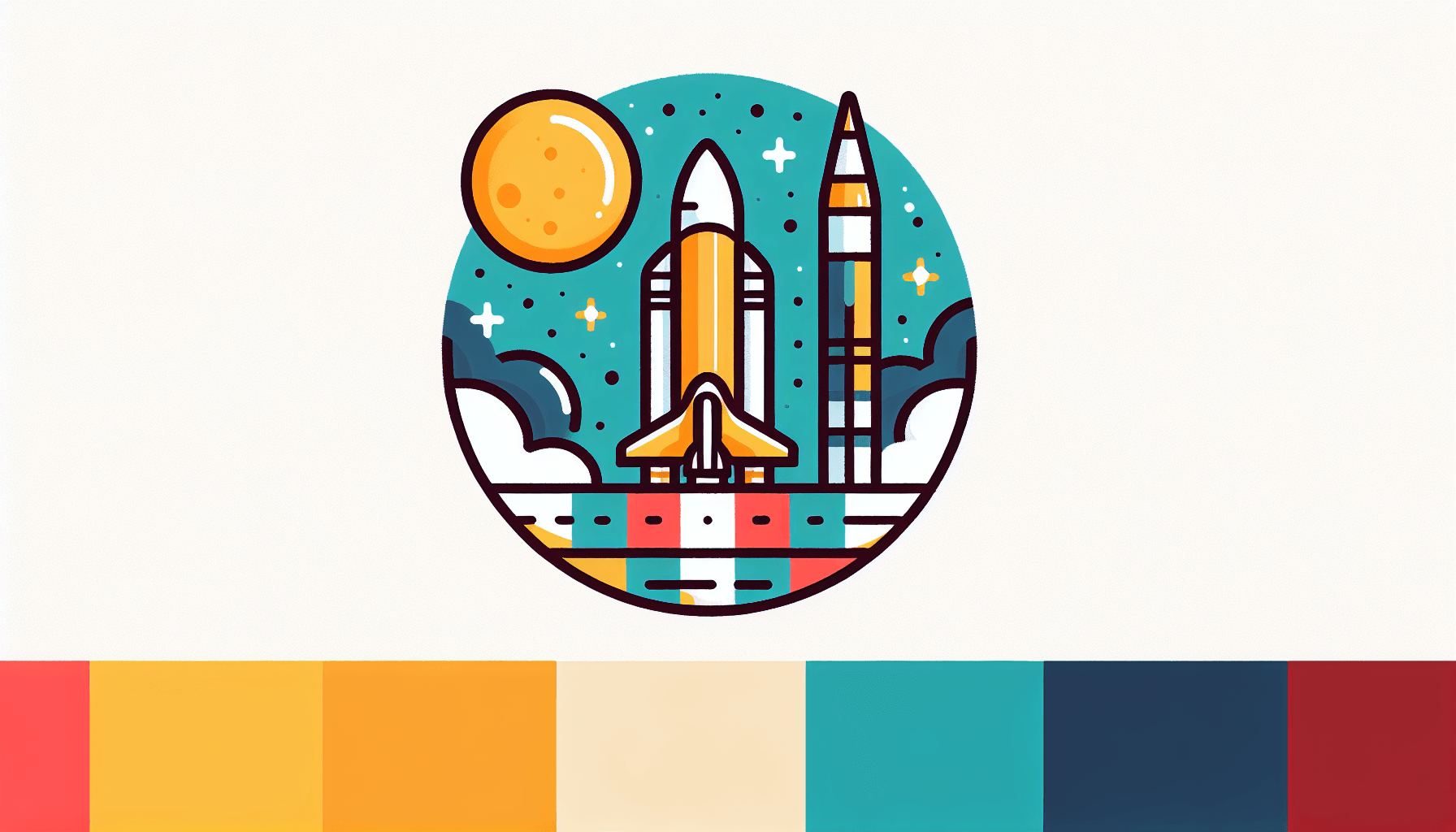 Success -> Launchpad in flat illustration style and white background, red #f47574, green #88c7a8, yellow #fcc44b, and blue #645bc8 colors.