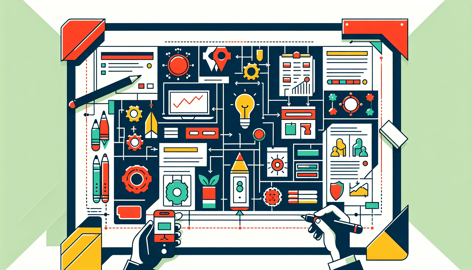 MVP Development -> Blueprint in flat illustration style and white background, red #f47574, green #88c7a8, yellow #fcc44b, and blue #645bc8 colors.