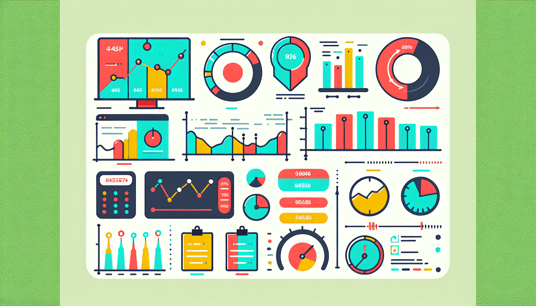 Business management tools -> Dashboard in flat illustration style and white background, red #f47574, green #88c7a8, yellow #fcc44b, and blue #645bc8 colors.