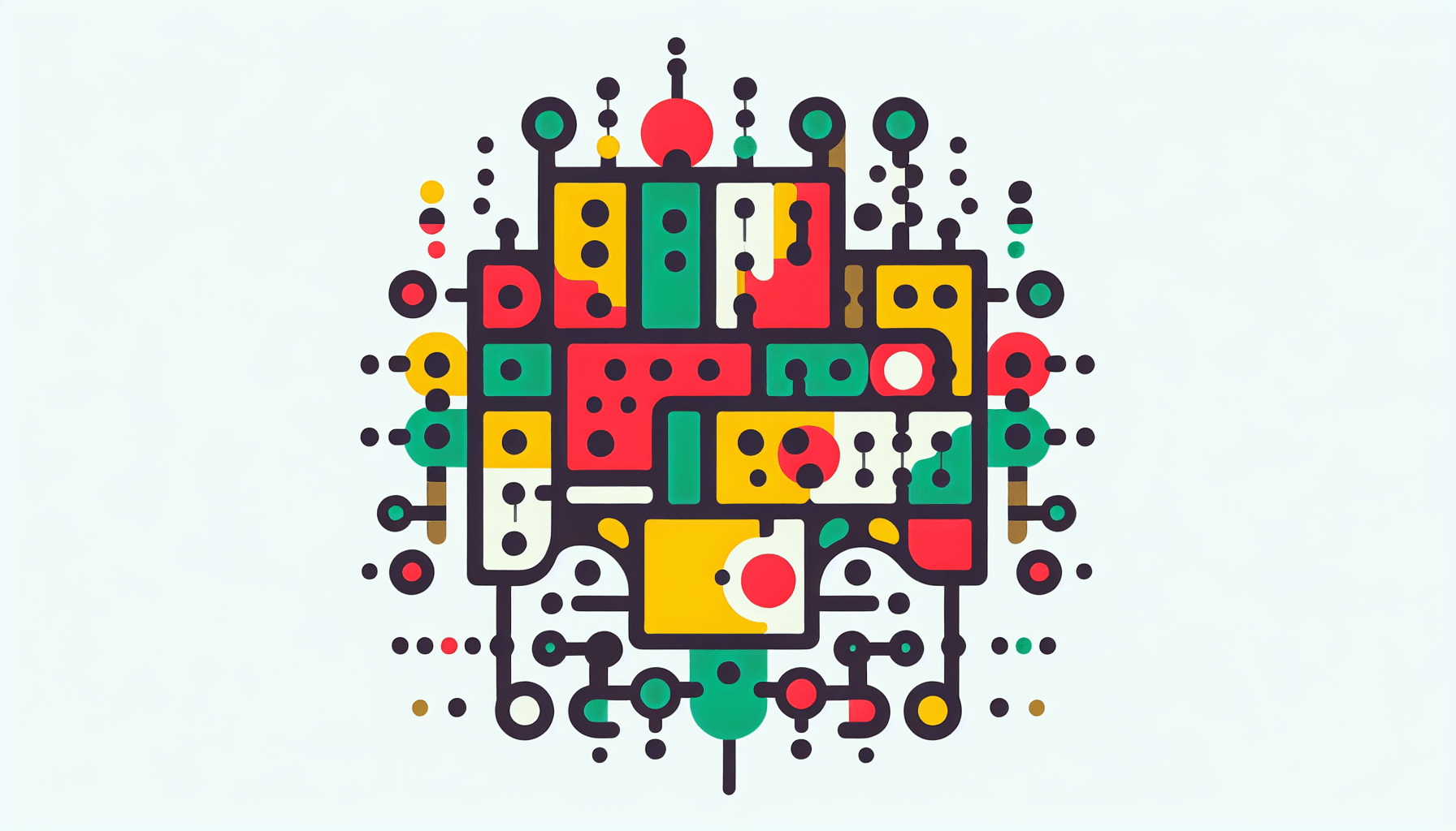 Algorithmic engine in flat illustration style and white background, red #f47574, green #88c7a8, yellow #fcc44b, and blue #645bc8 colors.