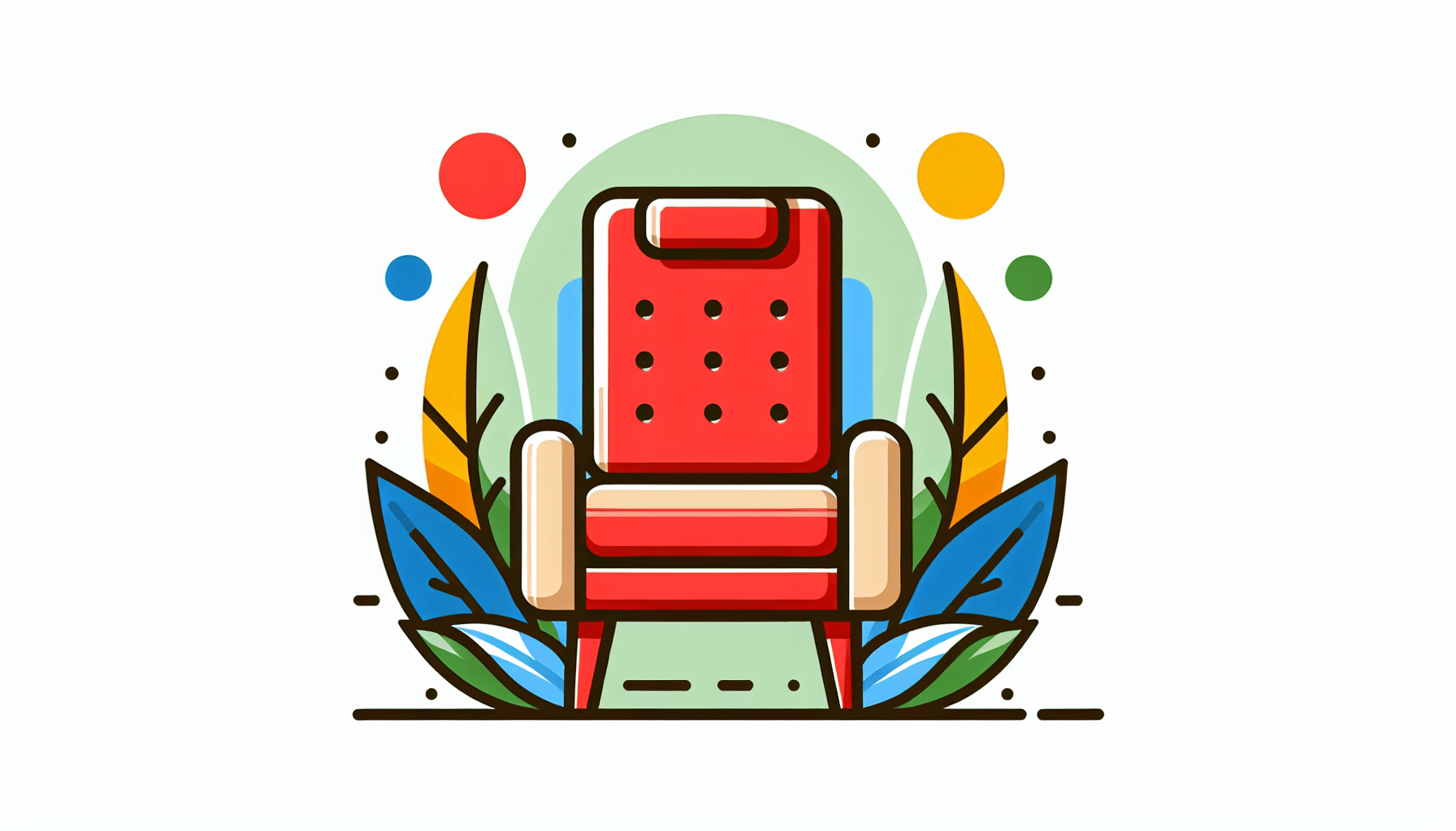 Therapist chair in flat illustration style and white background, red #f47574, green #88c7a8, yellow #fcc44b, and blue #645bc8 colors.