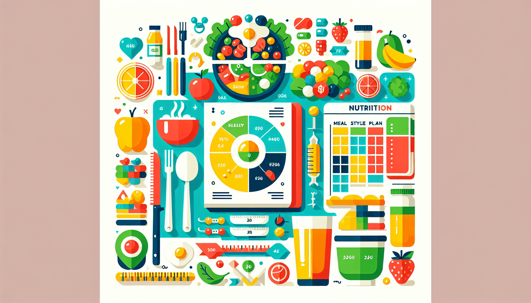 Nutrition plan in flat illustration style and white background, red #f47574, green #88c7a8, yellow #fcc44b, and blue #645bc8 colors.