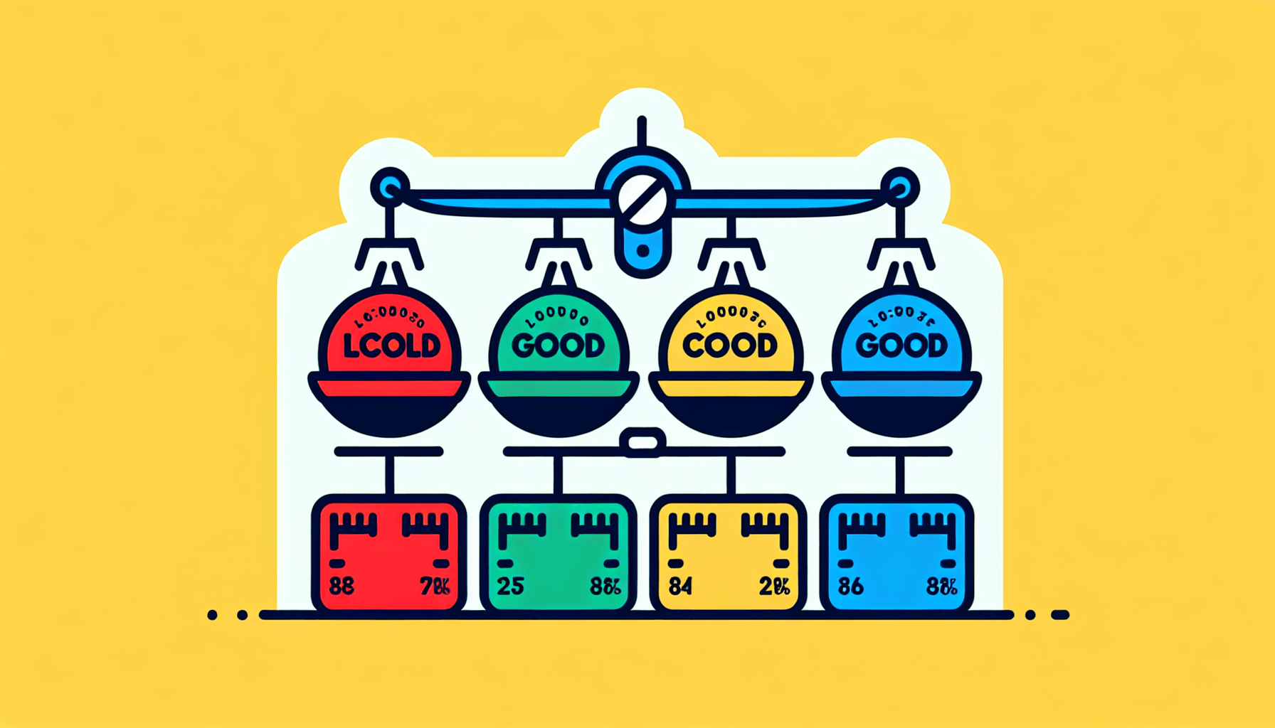 Brand comparison -> Scale in flat illustration style and white background, red #f47574, green #88c7a8, yellow #fcc44b, and blue #645bc8 colors.