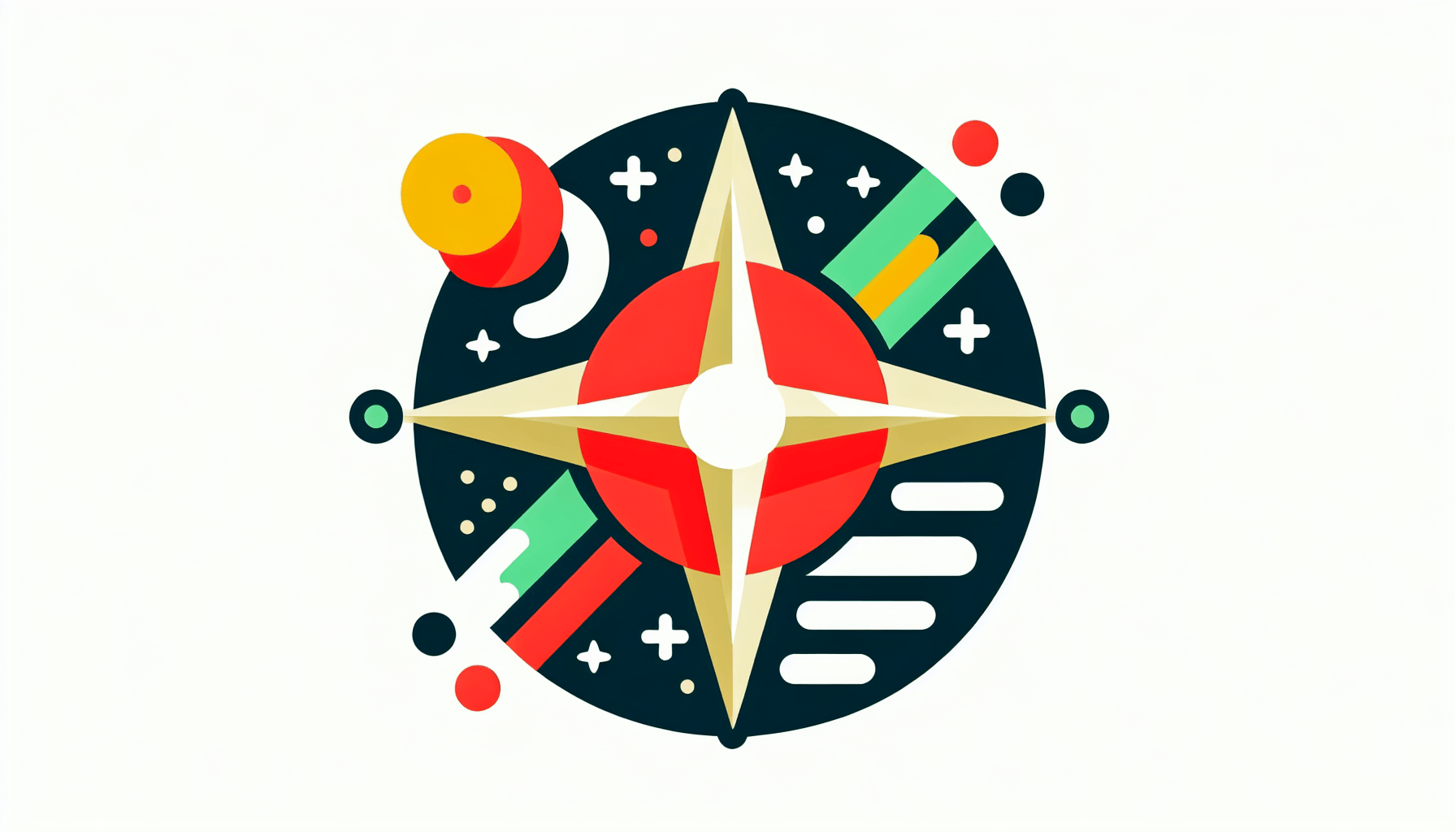 Brand mission -> North Star in flat illustration style and white background, red #f47574, green #88c7a8, yellow #fcc44b, and blue #645bc8 colors.