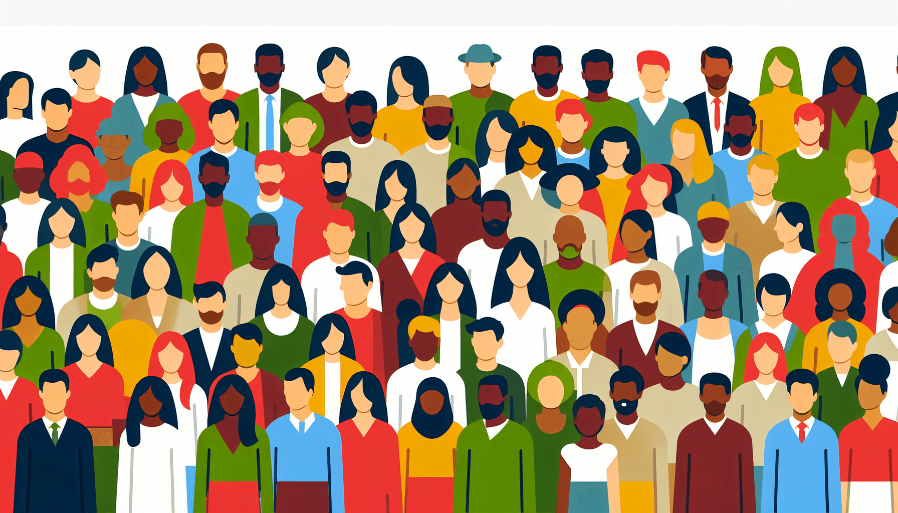 Primary customers -> Diverse crowd in flat illustration style and white background, red #f47574, green #88c7a8, yellow #fcc44b, and blue #645bc8 colors.
