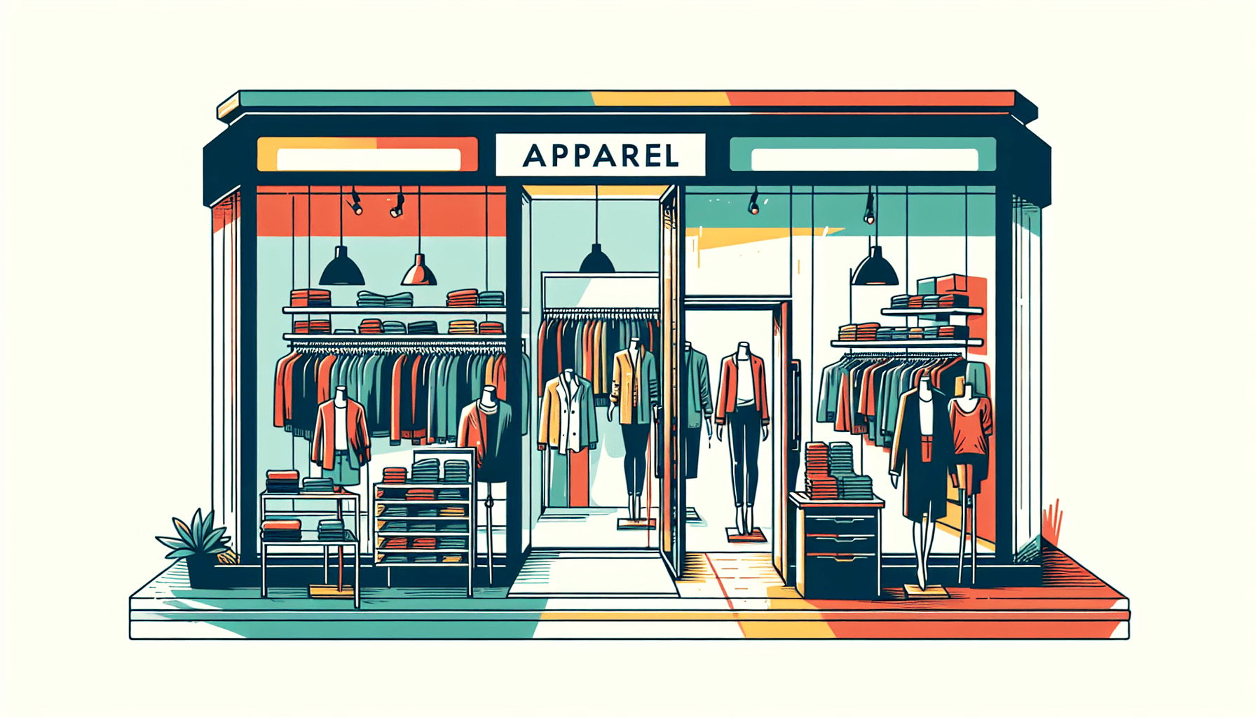 Primark Business -> Apparel shop in flat illustration style and white background, red #f47574, green #88c7a8, yellow #fcc44b, and blue #645bc8 colors.