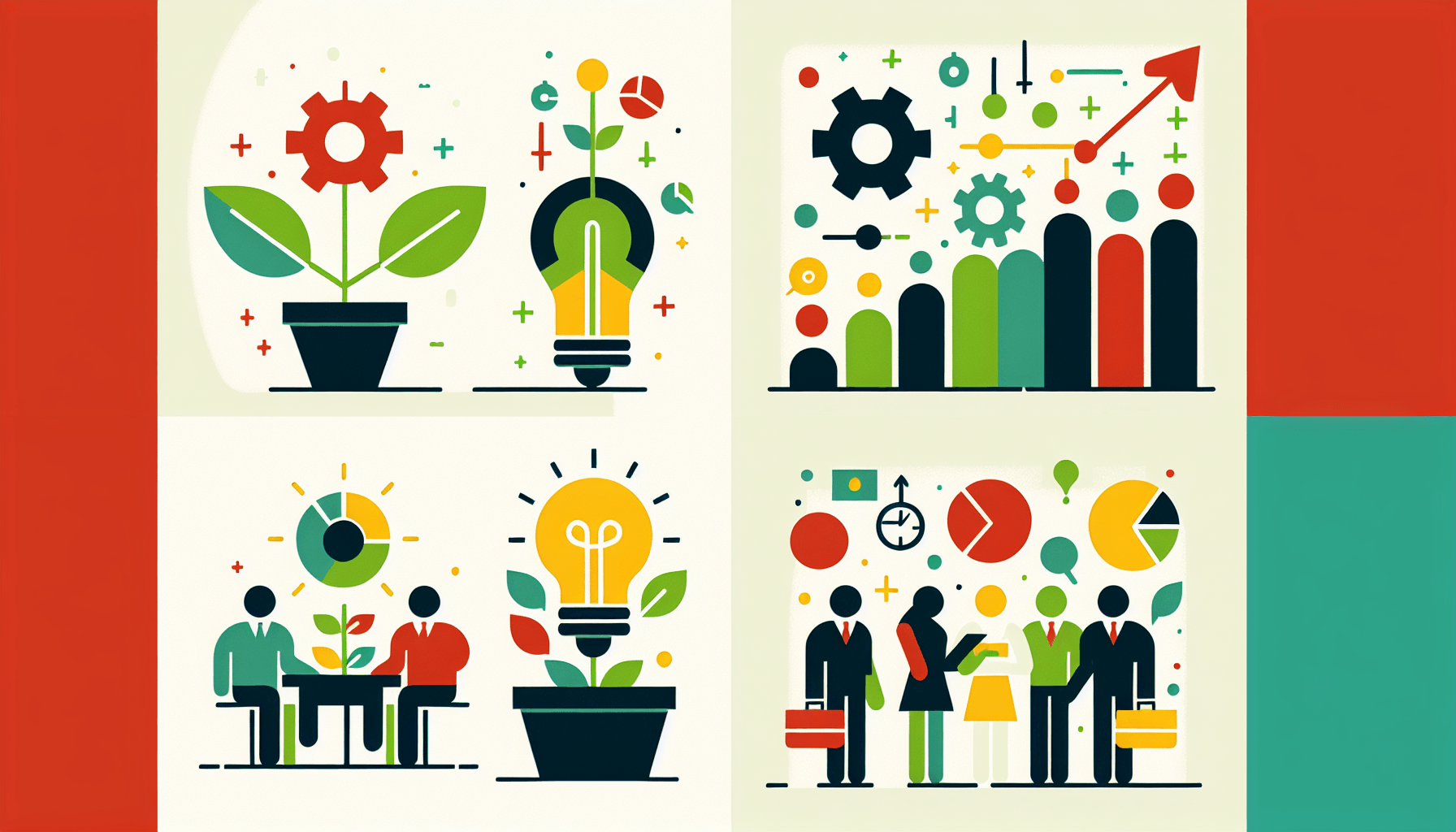 What do startups need the most? in flat illustration style and white background, red #f47574, green #88c7a8, yellow #fcc44b, and blue #645bc8 colors.