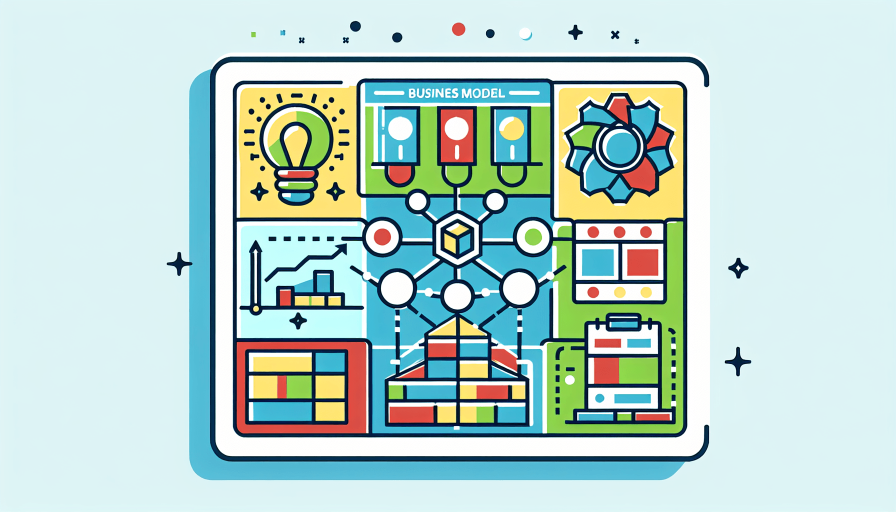 Business model -> Blueprint in flat illustration style and white background, red #f47574, green #88c7a8, yellow #fcc44b, and blue #645bc8 colors.