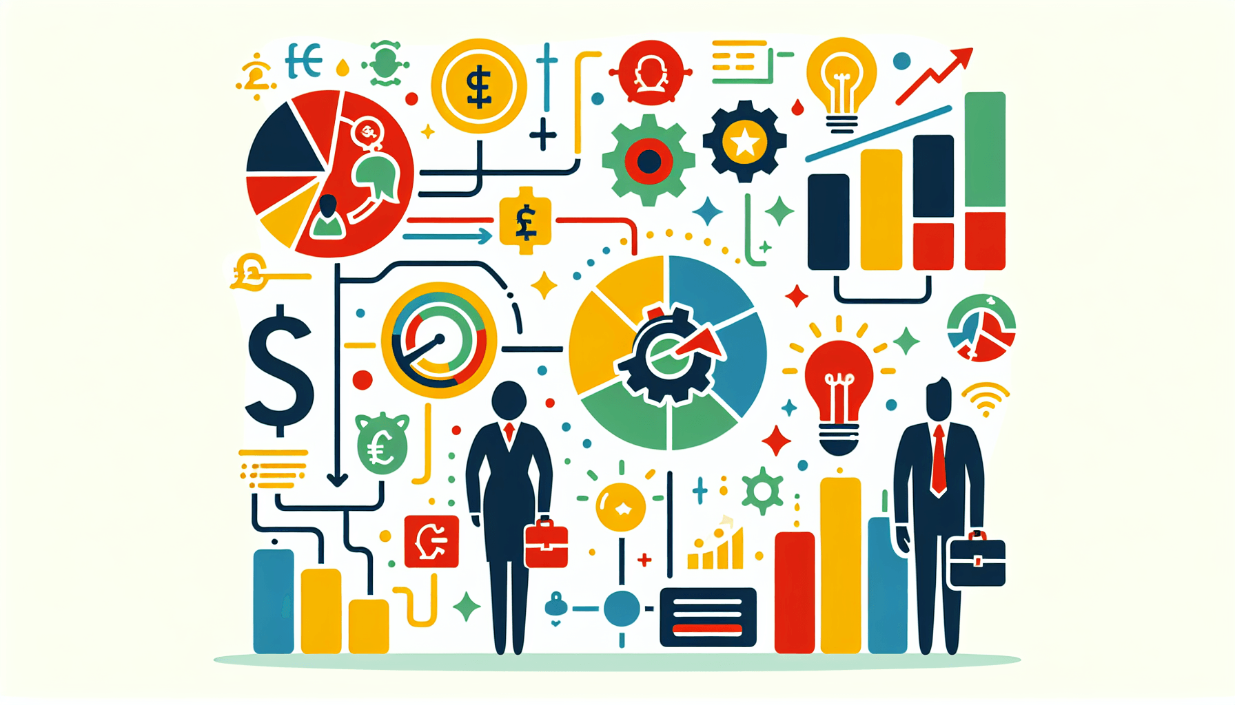 Primark Business -> Business model in flat illustration style and white background, red #f47574, green #88c7a8, yellow #fcc44b, and blue #645bc8 colors.