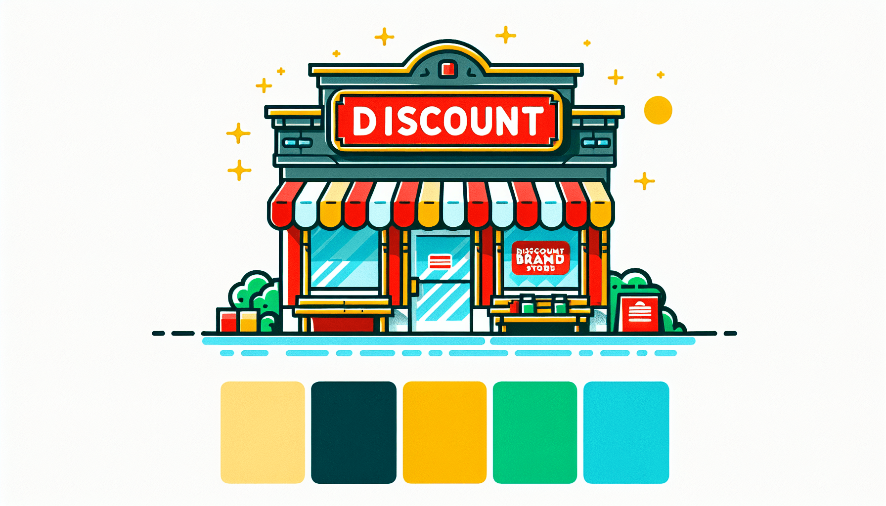 Primark Business -> Discount brand in flat illustration style and white background, red #f47574, green #88c7a8, yellow #fcc44b, and blue #645bc8 colors.