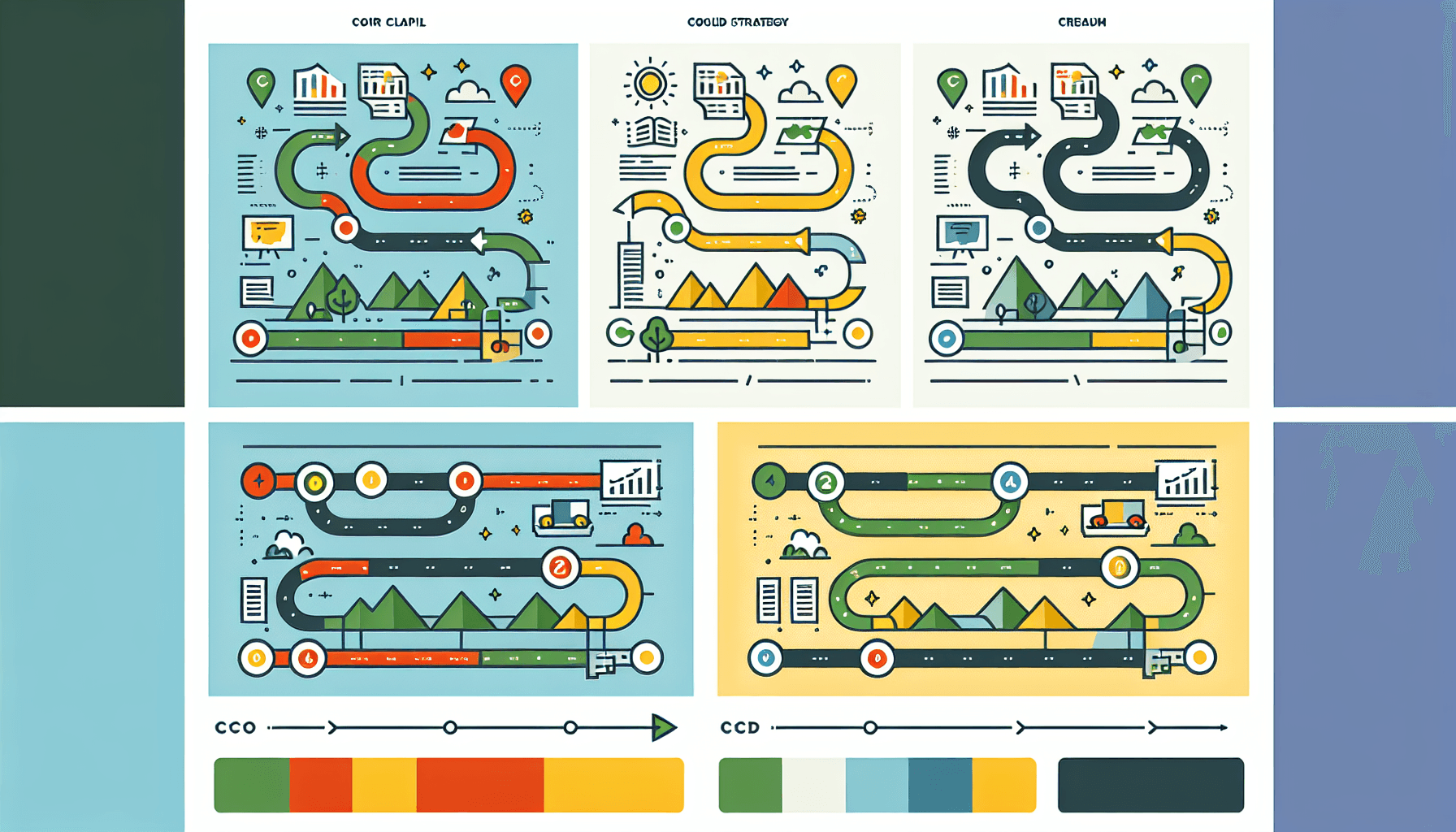 Business strategy -> Roadmap in flat illustration style and white background, red #f47574, green #88c7a8, yellow #fcc44b, and blue #645bc8 colors.