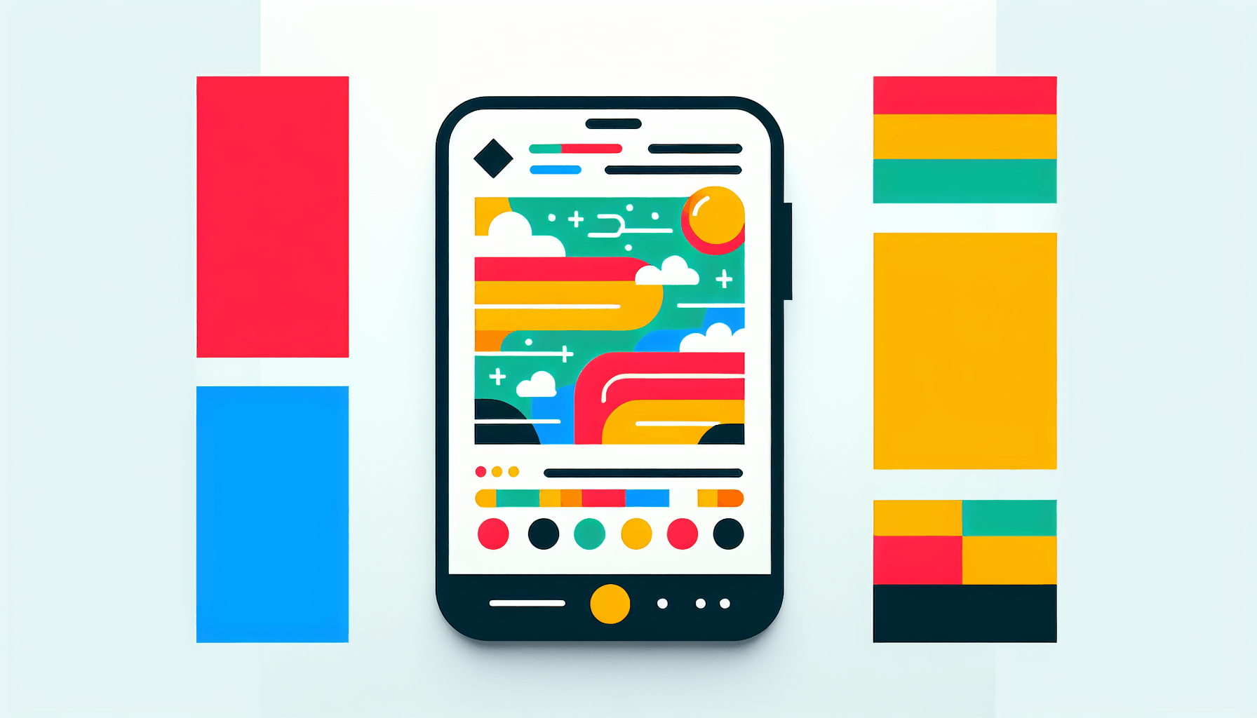 WhatsApp concept -> Phone screen in flat illustration style and white background, red #f47574, green #88c7a8, yellow #fcc44b, and blue #645bc8 colors.
