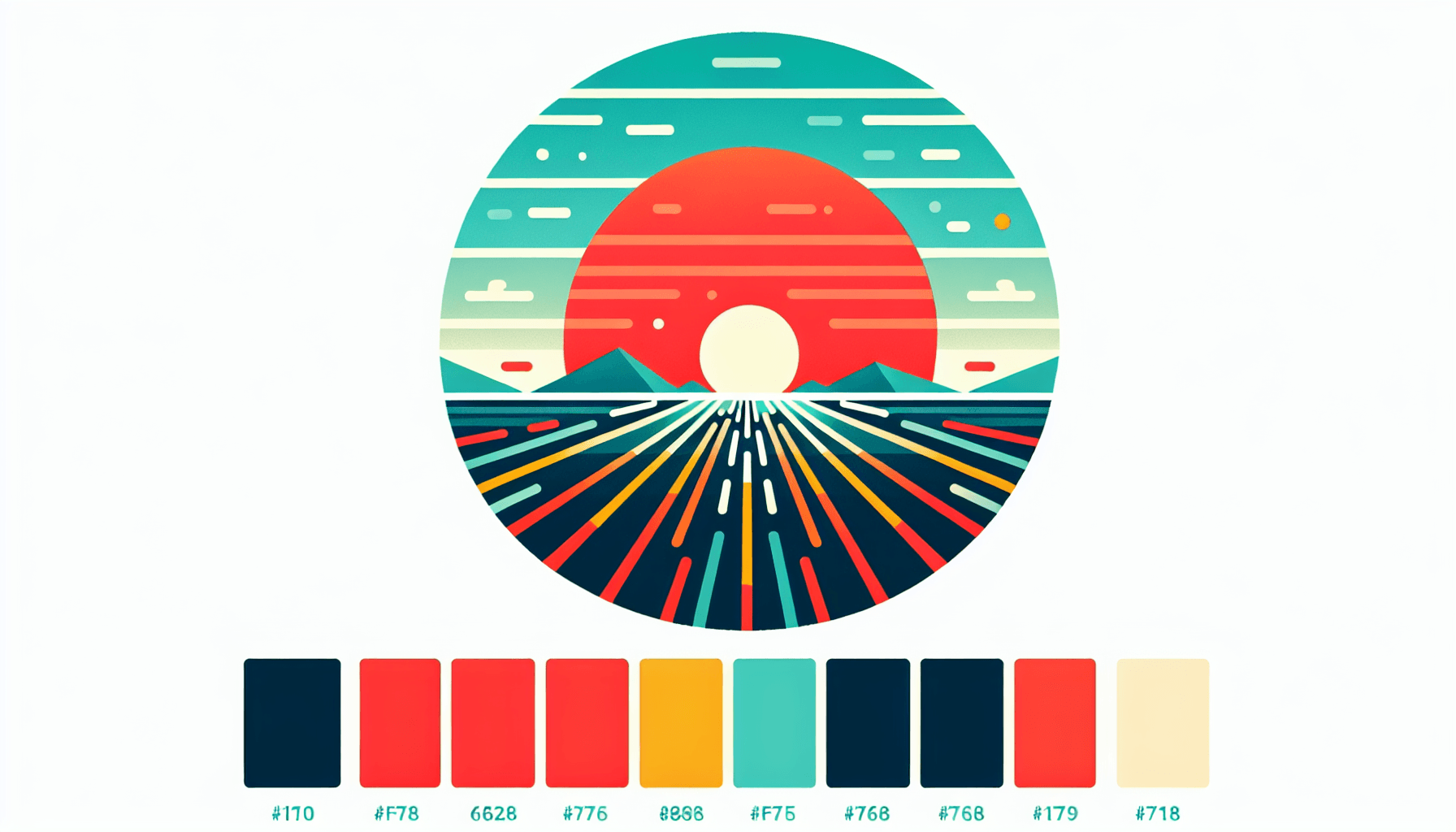 Long-term strategy -> Horizon in flat illustration style and white background, red #f47574, green #88c7a8, yellow #fcc44b, and blue #645bc8 colors.