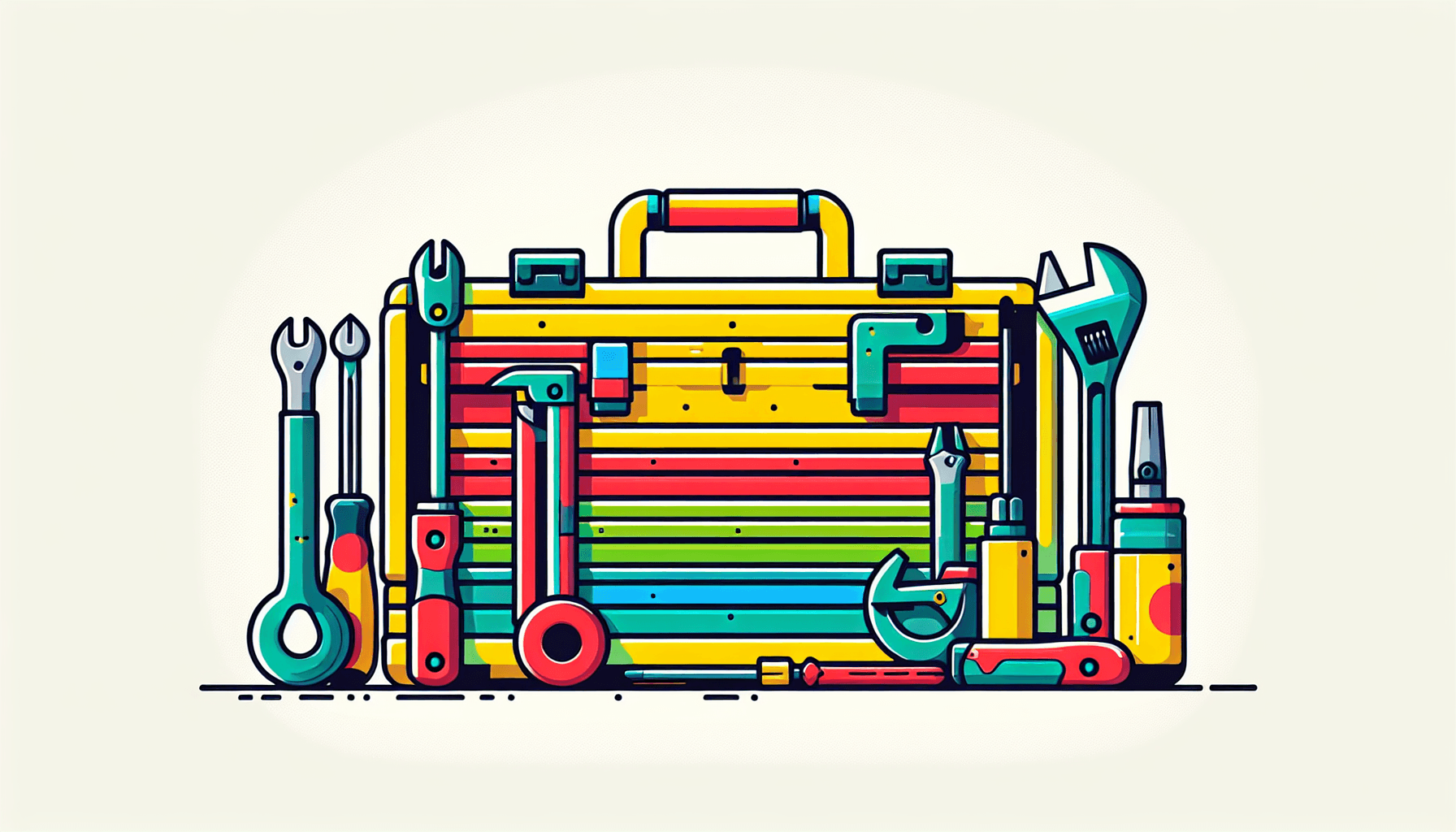 Voice Tools -> Toolbox in flat illustration style and white background, red #f47574, green #88c7a8, yellow #fcc44b, and blue #645bc8 colors.