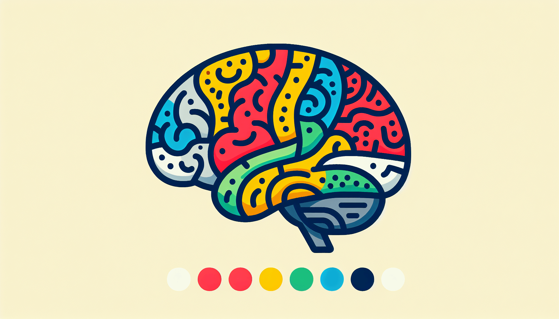 AI -> Brain in flat illustration style and white background, red #f47574, green #88c7a8, yellow #fcc44b, and blue #645bc8 colors.