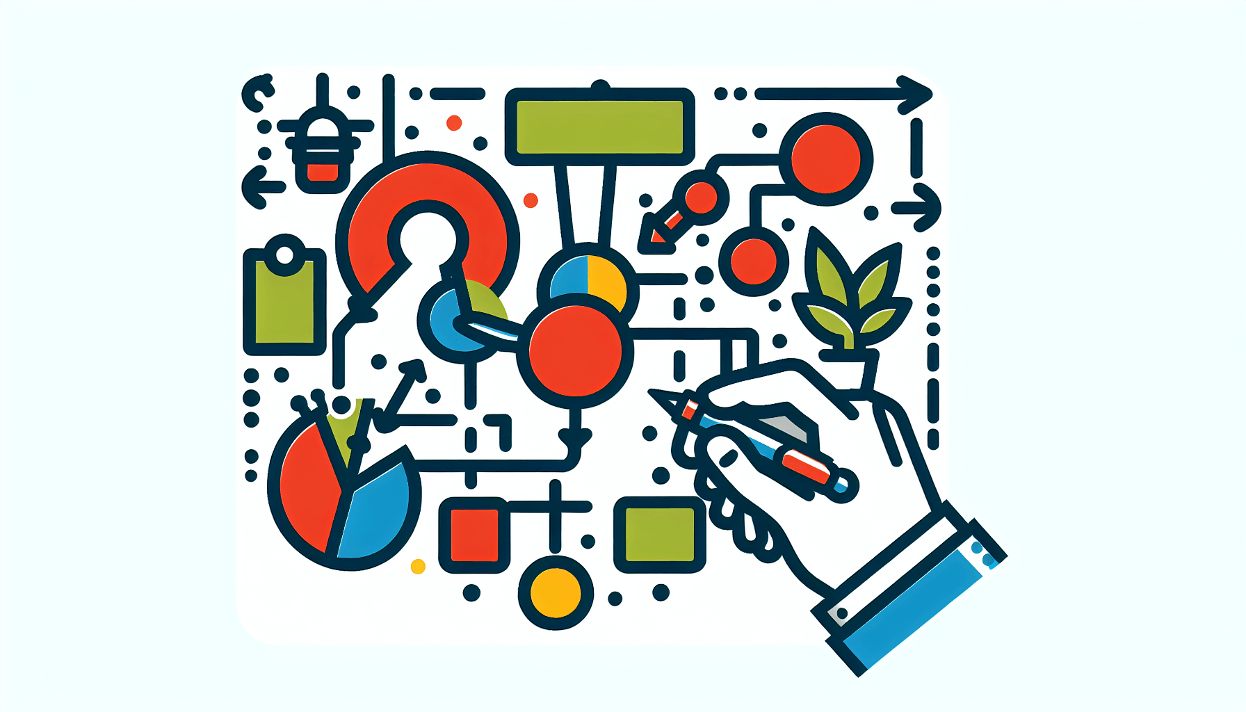 Marketing strategy -> Blueprint in flat illustration style and white background, red #f47574, green #88c7a8, yellow #fcc44b, and blue #645bc8 colors.
