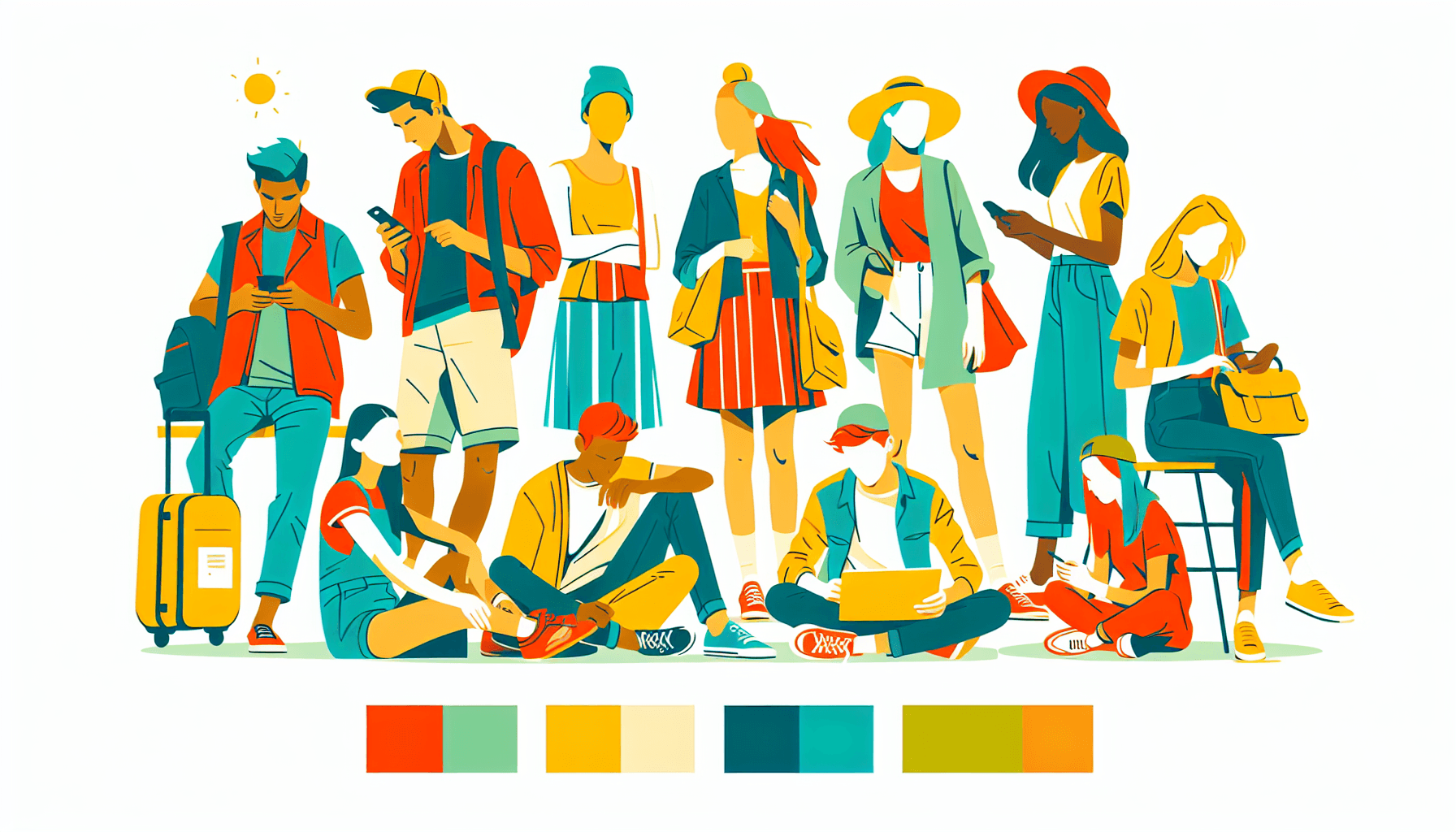 Nike's age group -> Millennials in flat illustration style and white background, red #f47574, green #88c7a8, yellow #fcc44b, and blue #645bc8 colors.