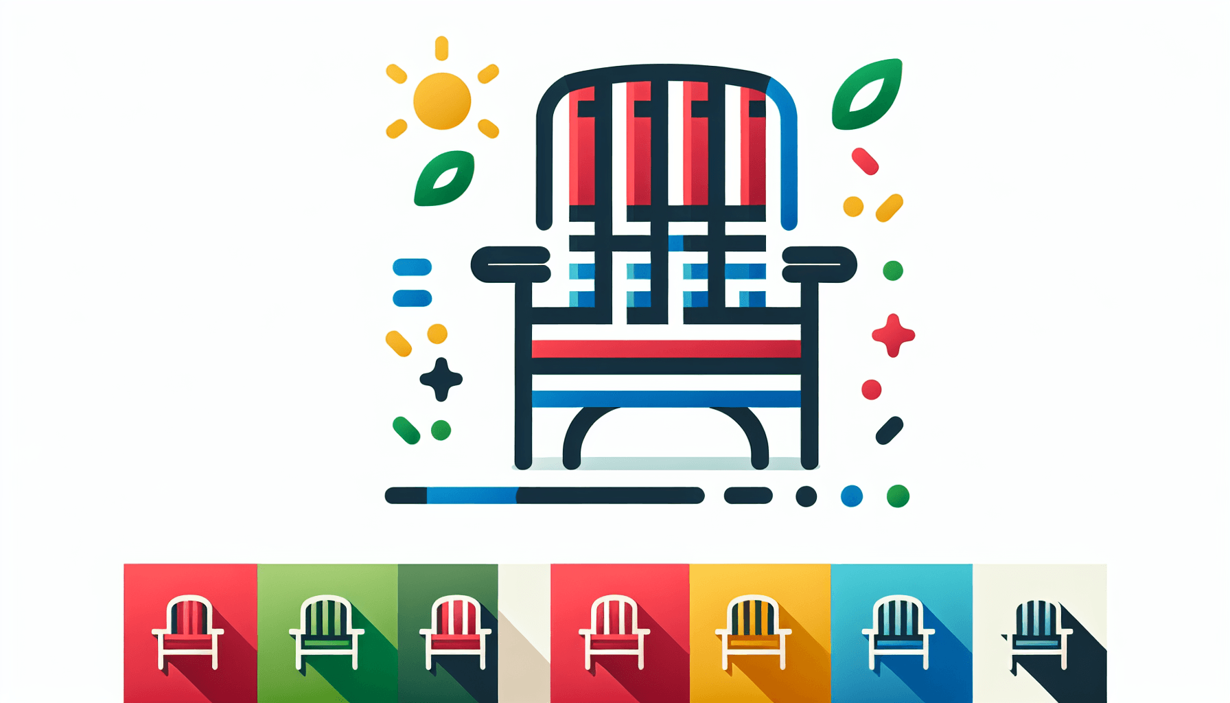 Leisure chair in flat illustration style and white background, red #f47574, green #88c7a8, yellow #fcc44b, and blue #645bc8 colors.