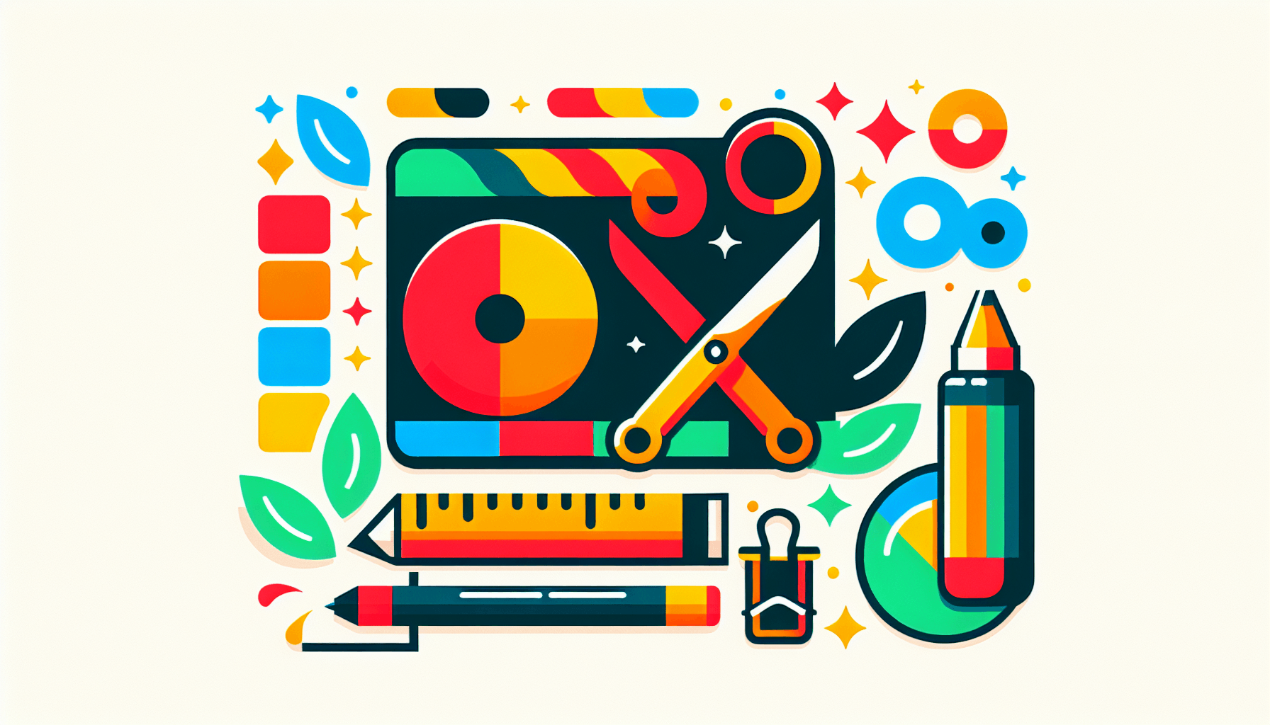 Free video editing -> Scissors in flat illustration style and white background, red #f47574, green #88c7a8, yellow #fcc44b, and blue #645bc8 colors.
