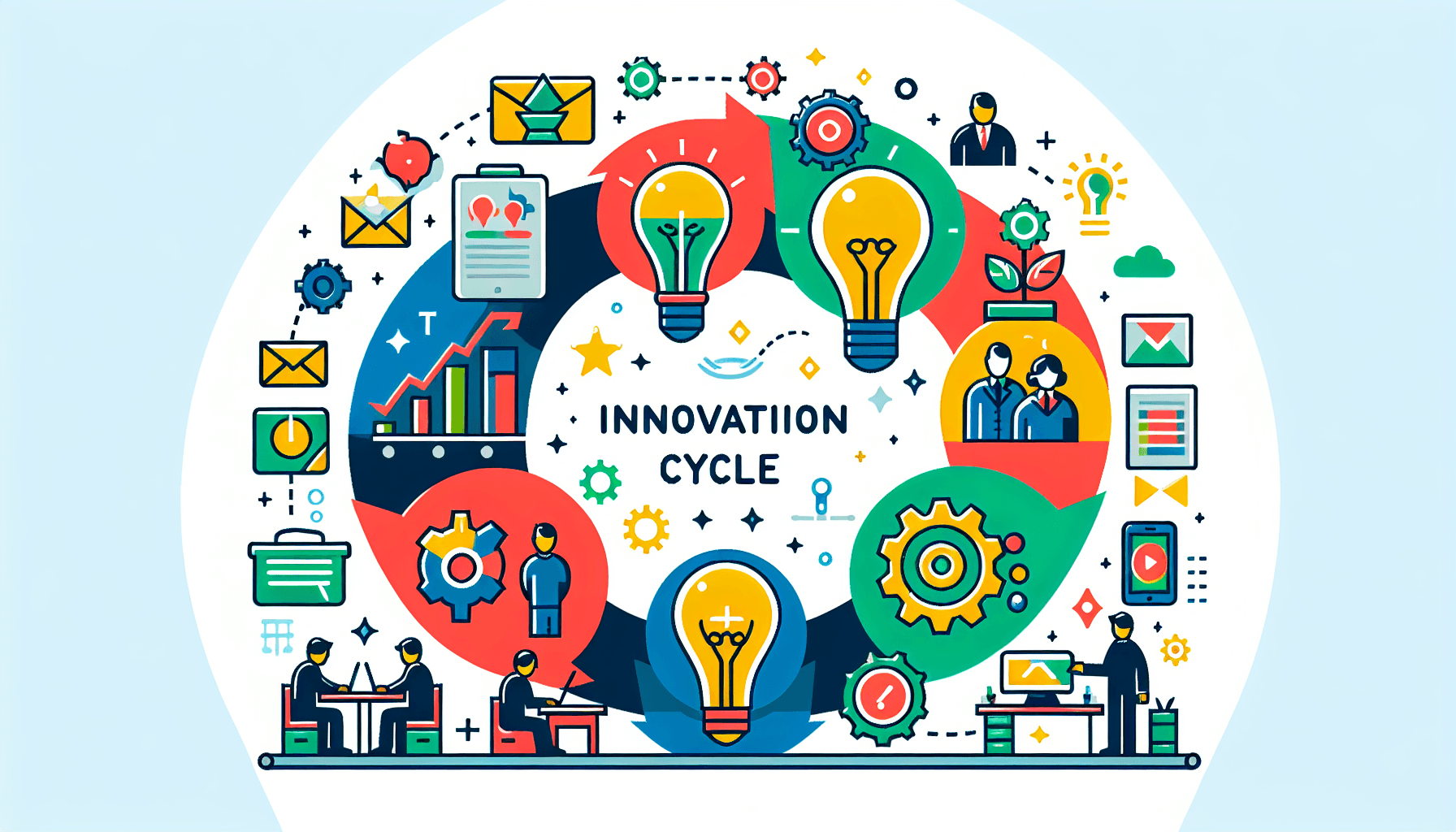 Business strategy of Nike -> Innovation cycle in flat illustration style and white background, red #f47574, green #88c7a8, yellow #fcc44b, and blue #645bc8 colors.