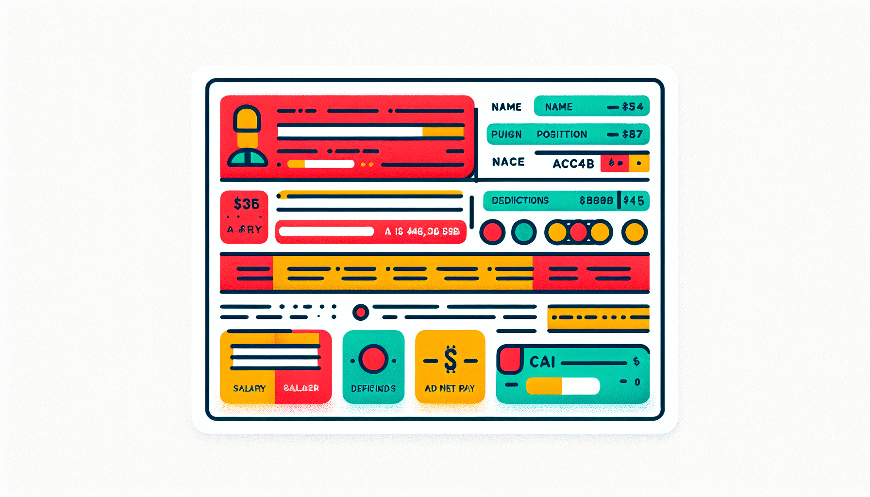 AI engineer salary -> Salary slip in flat illustration style and white background, red #f47574, green #88c7a8, yellow #fcc44b, and blue #645bc8 colors.