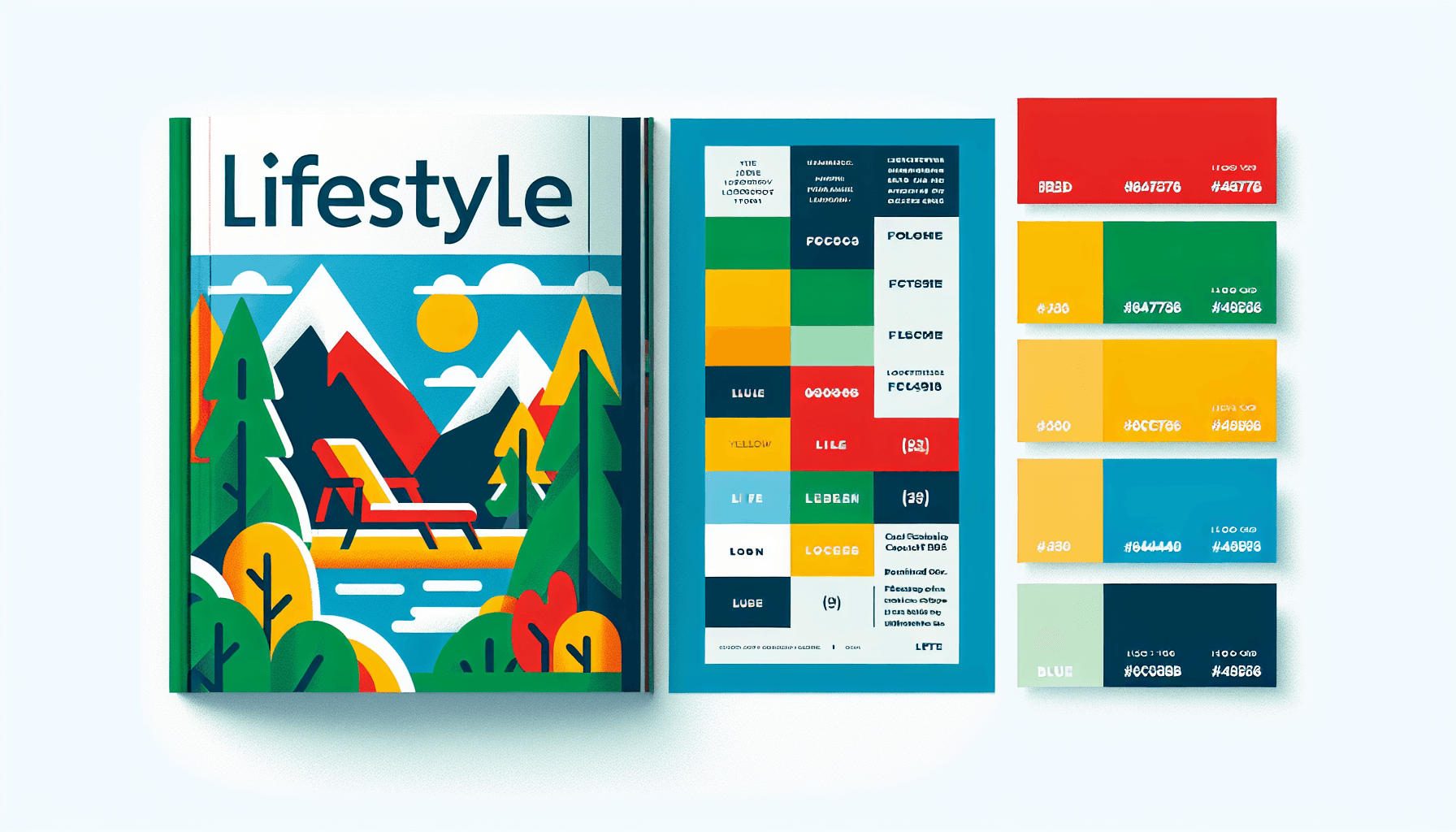 Lifestyle magazine in flat illustration style and white background, red #f47574, green #88c7a8, yellow #fcc44b, and blue #645bc8 colors.