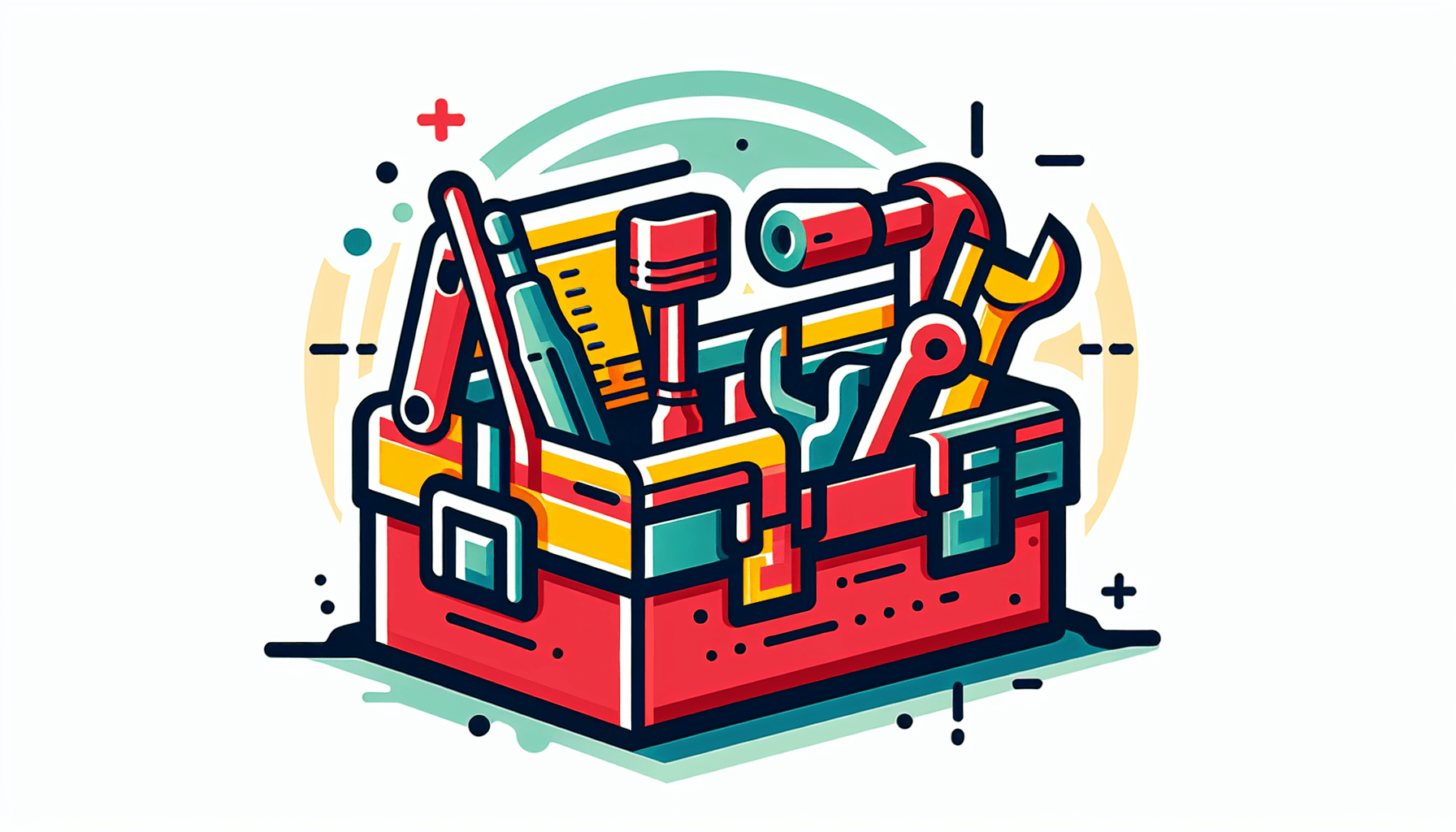 Amazon Business account -> Toolbox in flat illustration style and white background, red #f47574, green #88c7a8, yellow #fcc44b, and blue #645bc8 colors.
