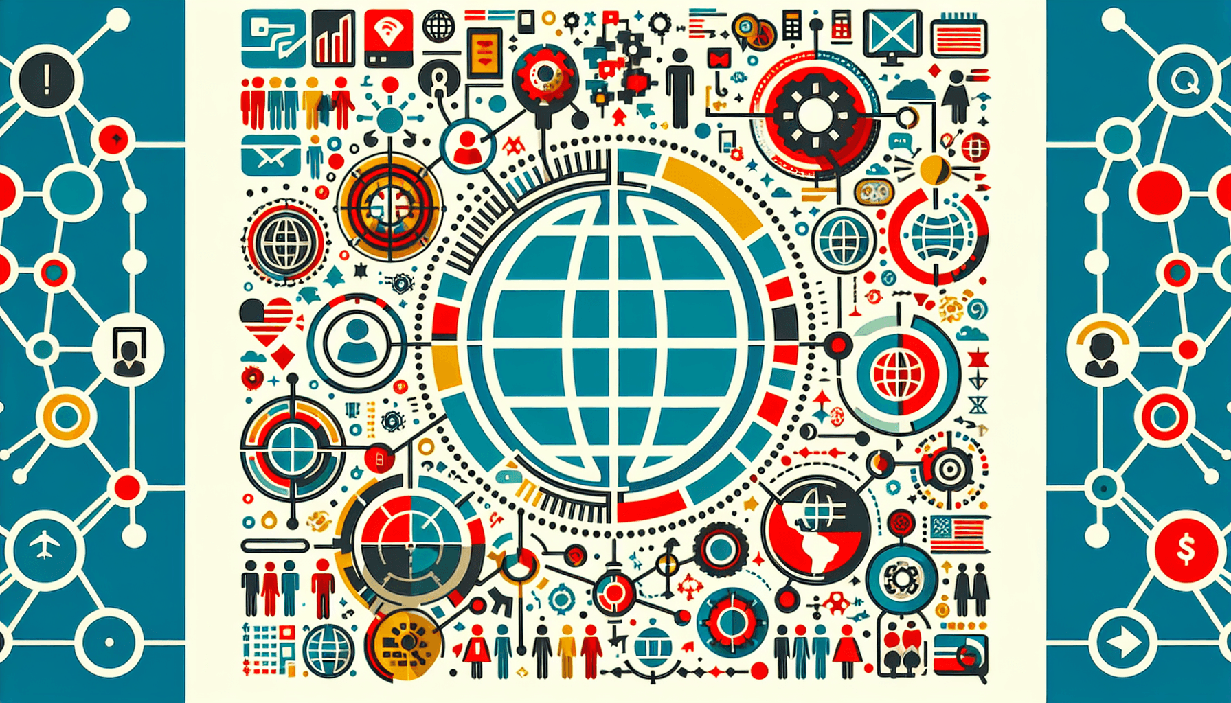 Nike's global strategy -> Worldwide presence in flat illustration style and white background, red #f47574, green #88c7a8, yellow #fcc44b, and blue #645bc8 colors.