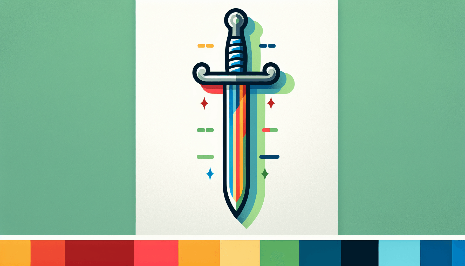 Disadvantages -> Double-edged sword in flat illustration style and white background, red #f47574, green #88c7a8, yellow #fcc44b, and blue #645bc8 colors.