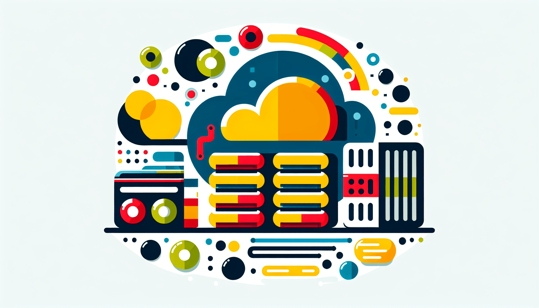 Biggest competitor -> Cloud storage in flat illustration style and white background, red #f47574, green #88c7a8, yellow #fcc44b, and blue #645bc8 colors.