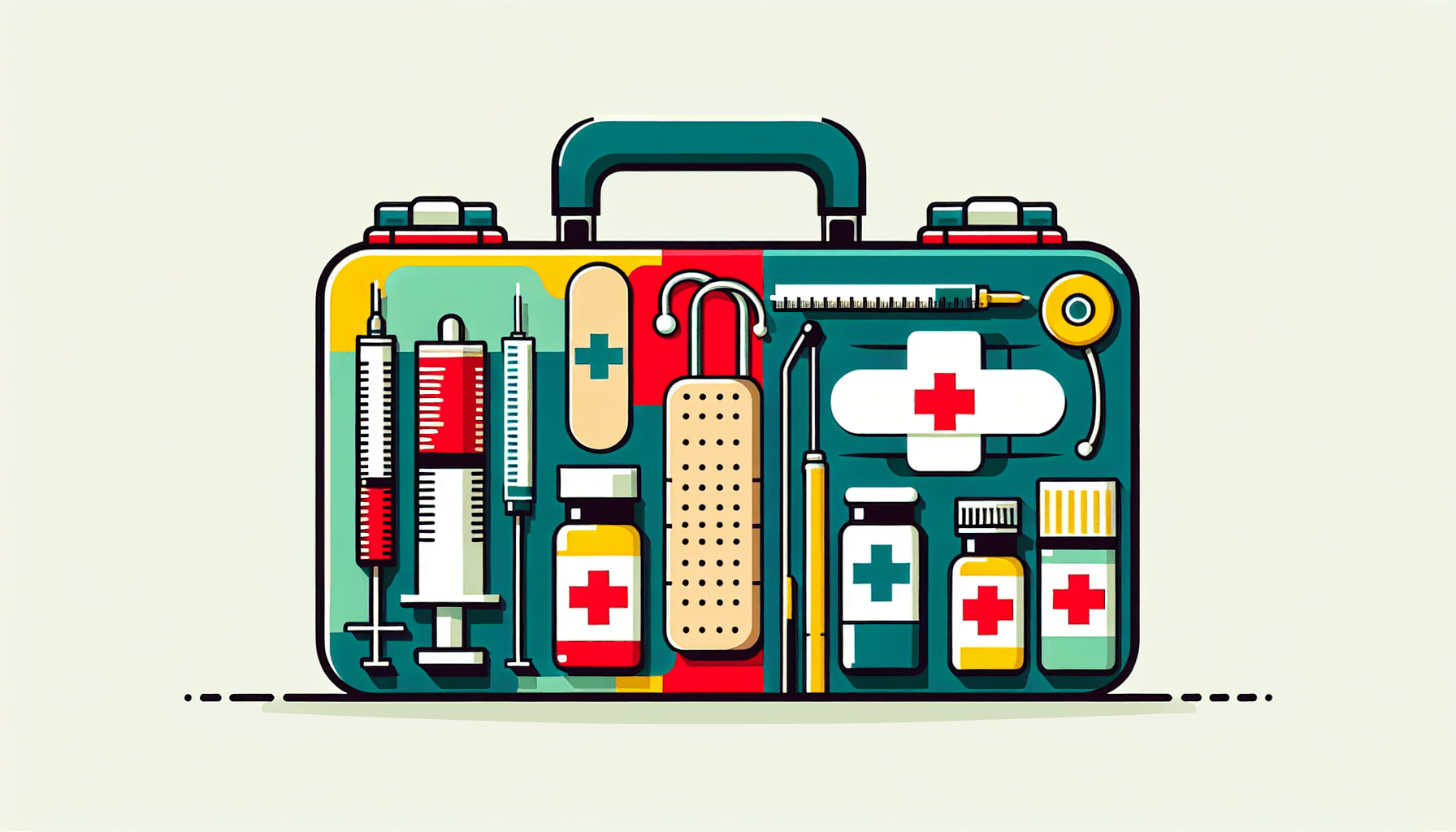 Healthcare -> Medical kit in flat illustration style and white background, red #f47574, green #88c7a8, yellow #fcc44b, and blue #645bc8 colors.