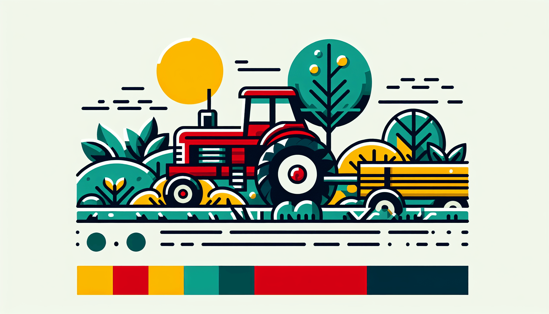 Farm ventures -> Tractor in flat illustration style and white background, red #f47574, green #88c7a8, yellow #fcc44b, and blue #645bc8 colors.