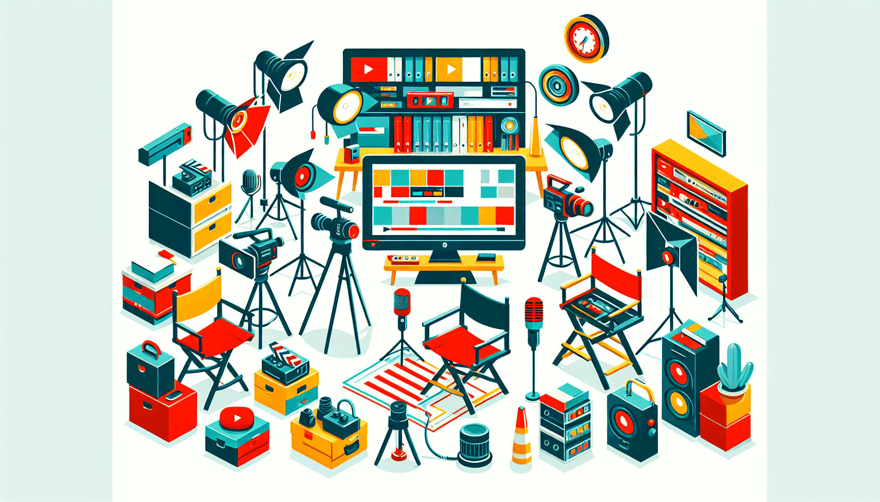 Video creation -> Studio in flat illustration style and white background, red #f47574, green #88c7a8, yellow #fcc44b, and blue #645bc8 colors.
