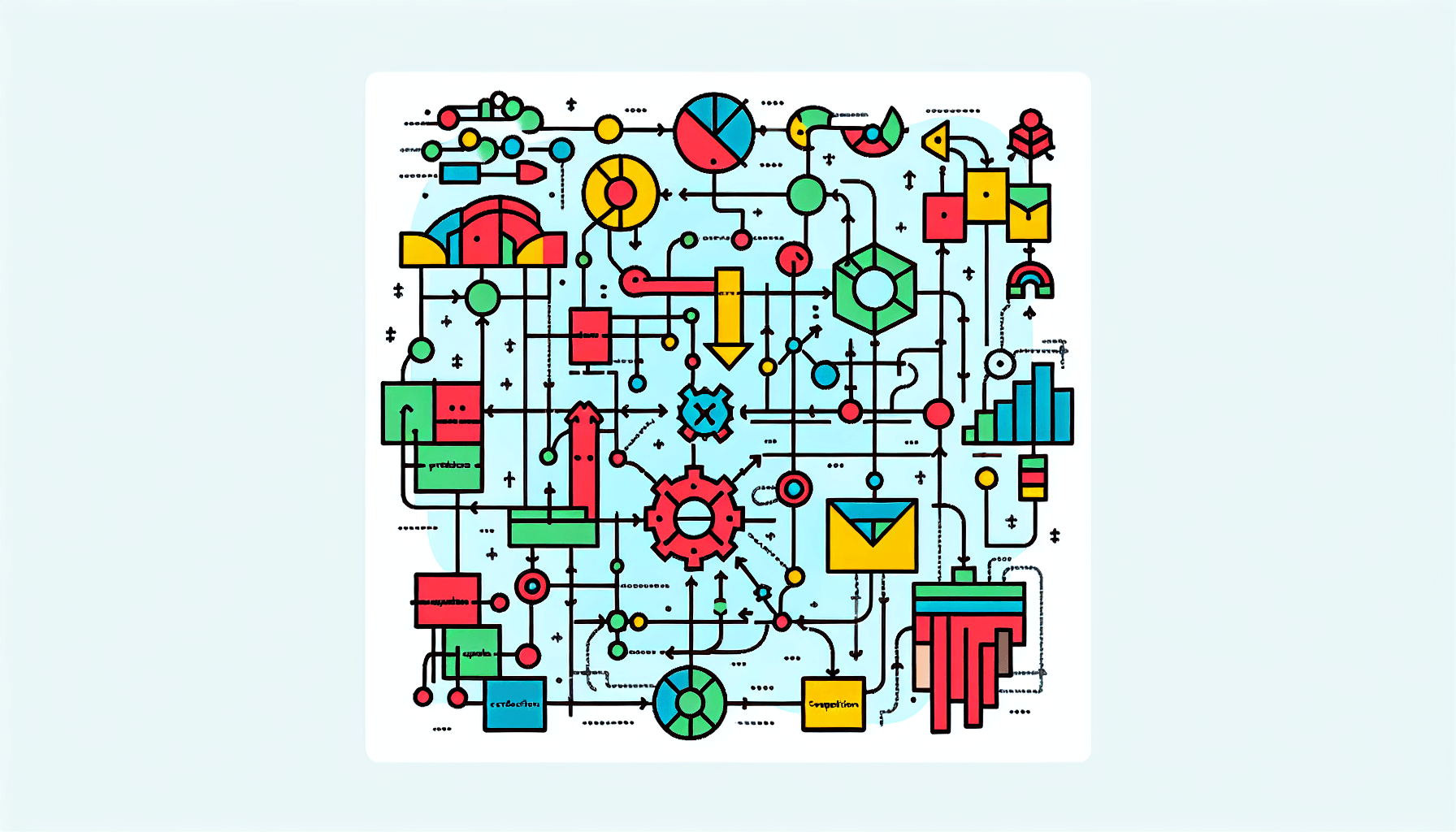 Market structure -> Framework in flat illustration style and white background, red #f47574, green #88c7a8, yellow #fcc44b, and blue #645bc8 colors.