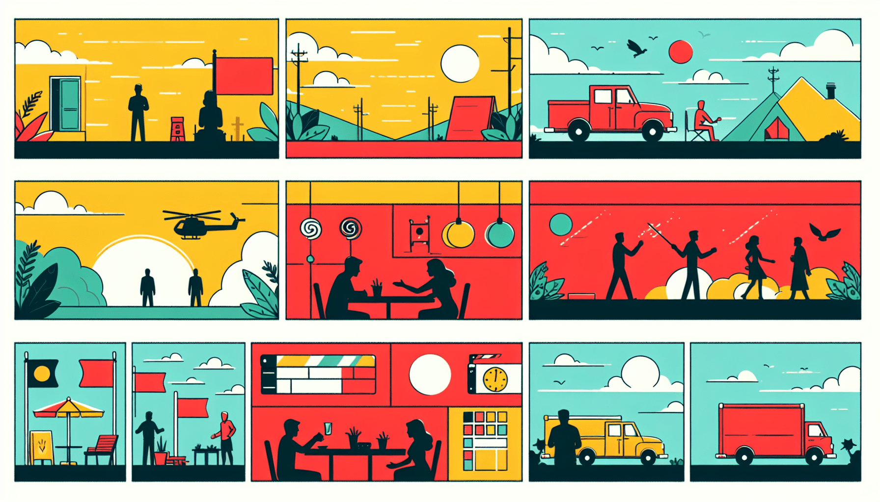 ChatGPT videos -> Storyboard in flat illustration style and white background, red #f47574, green #88c7a8, yellow #fcc44b, and blue #645bc8 colors.