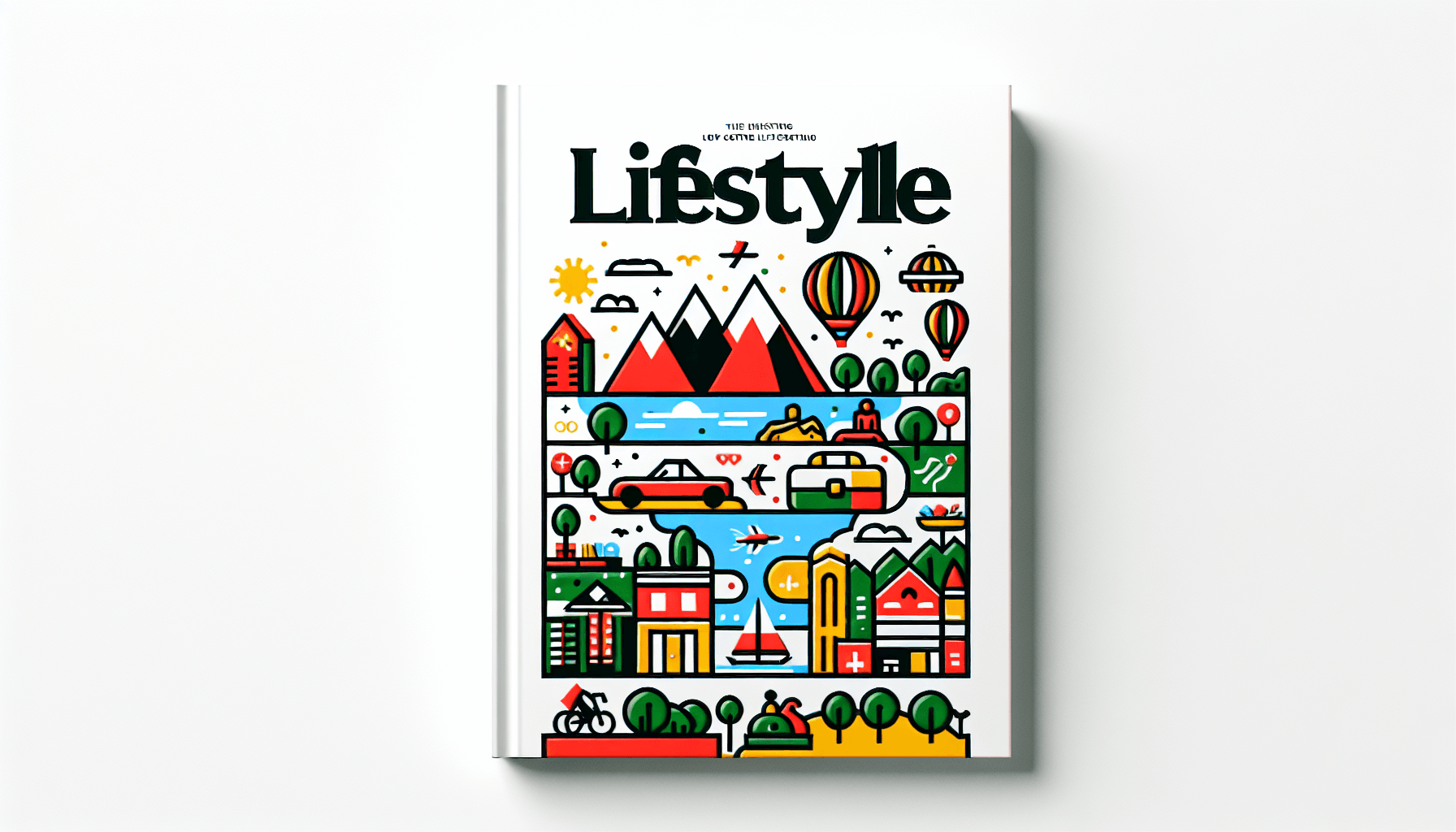 Lifestyle magazine in flat illustration style and white background, red #f47574, green #88c7a8, yellow #fcc44b, and blue #645bc8 colors.
