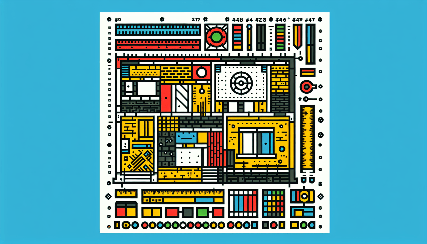 Construction -> Blueprint in flat illustration style and white background, red #f47574, green #88c7a8, yellow #fcc44b, and blue #645bc8 colors.