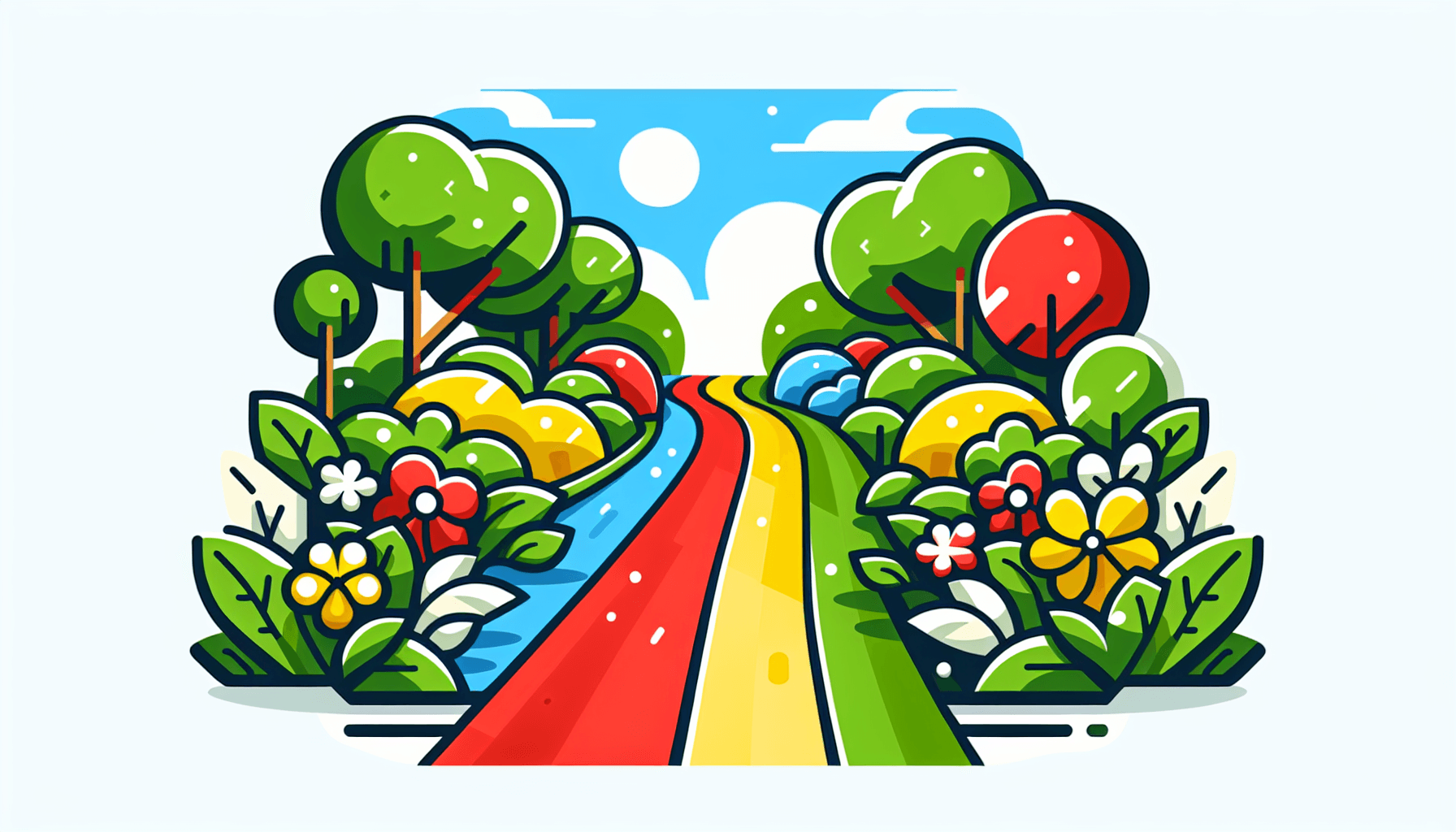 Pathway in flat illustration style and white background, red #f47574, green #88c7a8, yellow #fcc44b, and blue #645bc8 colors.