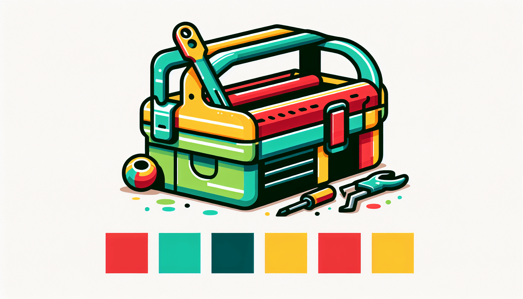 Category targeting -> Toolbox in flat illustration style and white background, red #f47574, green #88c7a8, yellow #fcc44b, and blue #645bc8 colors.
