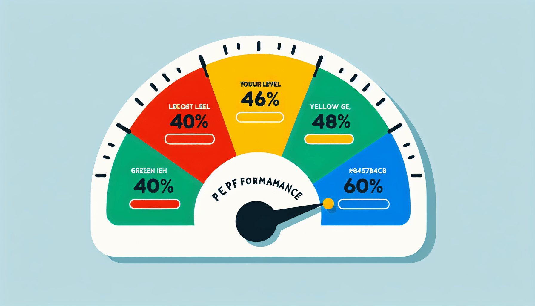 Performance meter in flat illustration style and white background, red #f47574, green #88c7a8, yellow #fcc44b, and blue #645bc8 colors.