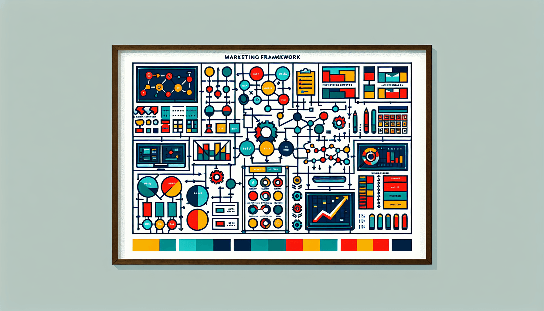 Marketing framework -> Blueprint in flat illustration style and white background, red #f47574, green #88c7a8, yellow #fcc44b, and blue #645bc8 colors.