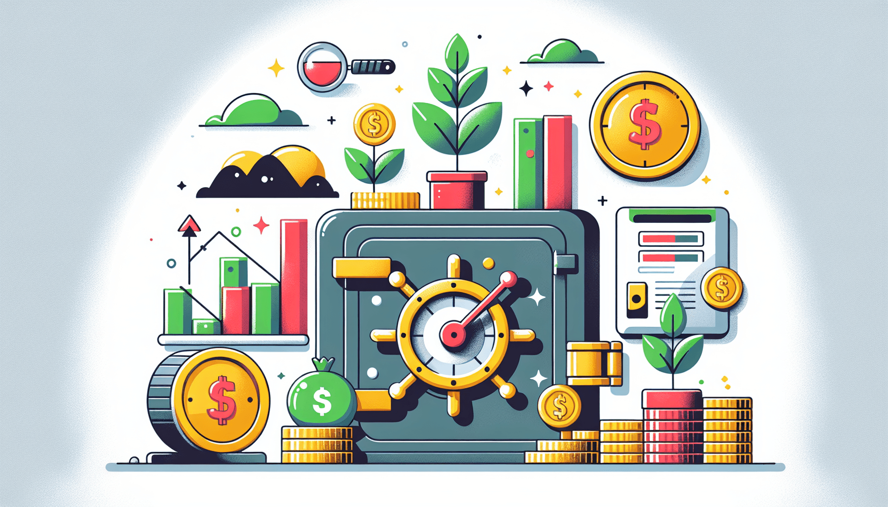 Worth getting -> Investment in flat illustration style and white background, red #f47574, green #88c7a8, yellow #fcc44b, and blue #645bc8 colors.
