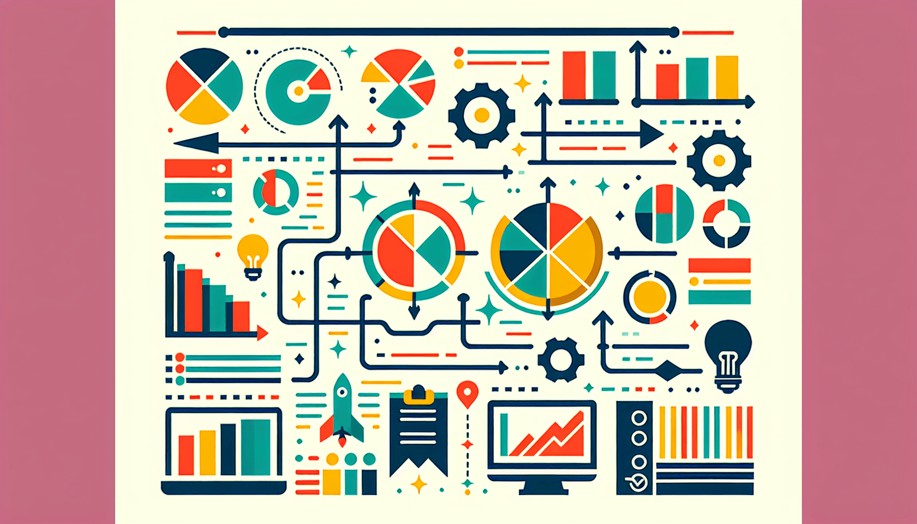 Business strategy -> Blueprint in flat illustration style and white background, red #f47574, green #88c7a8, yellow #fcc44b, and blue #645bc8 colors.